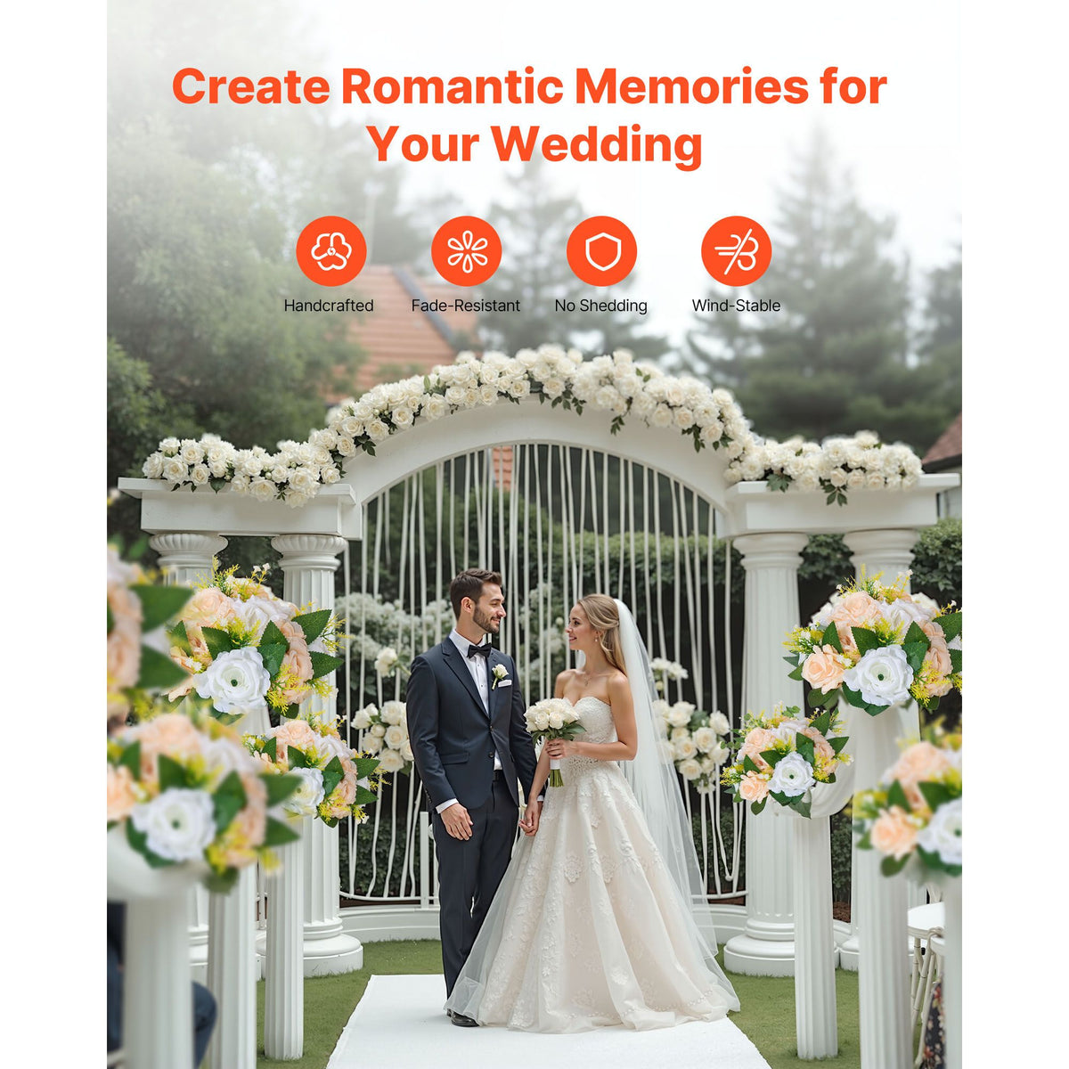 Flower Ball Arrangement Bouquet 10 PCS, 240 mm Diameter Artificial Flower Balls Wedding Table Centerpieces, Rose Arrangements for Wedding Centerpiece Home Decoration, Champagne & White Roses