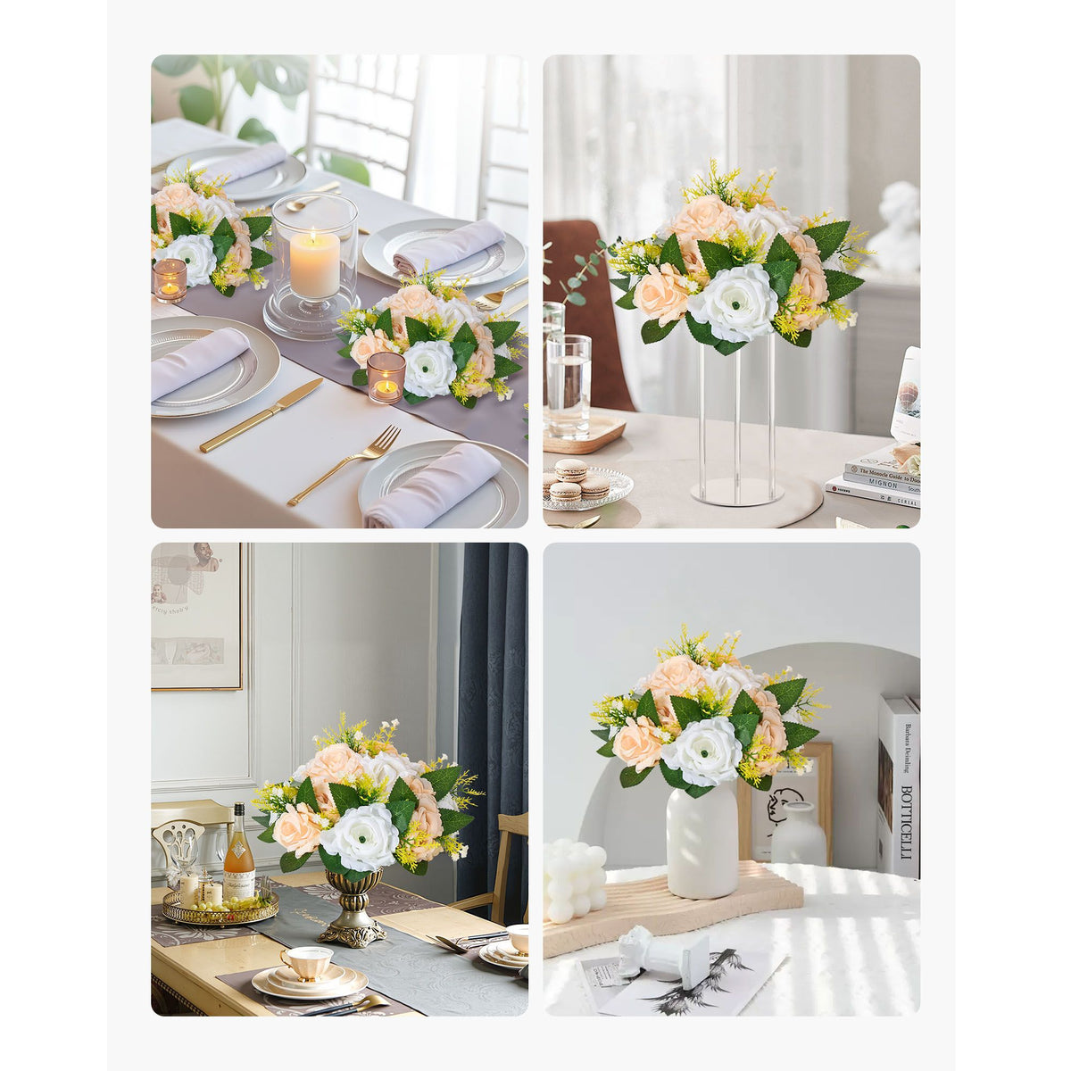 Flower Ball Arrangement Bouquet 10 PCS, 240 mm Diameter Artificial Flower Balls Wedding Table Centerpieces, Rose Arrangements for Wedding Centerpiece Home Decoration, Champagne & White Roses