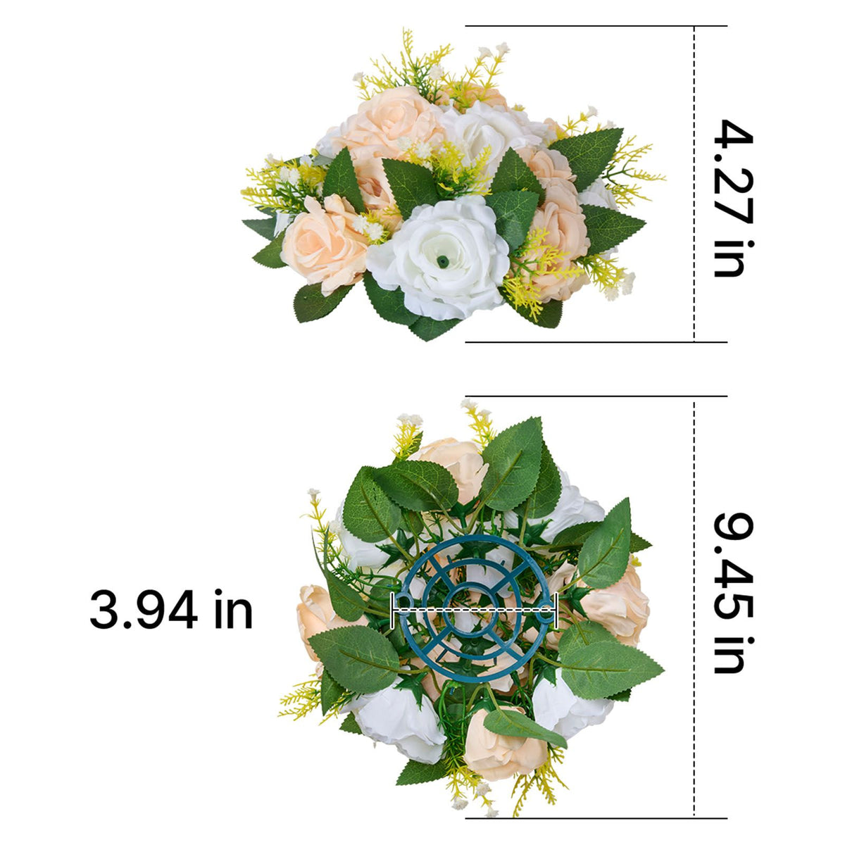 Flower Ball Arrangement Bouquet 10 PCS, 240 mm Diameter Artificial Flower Balls Wedding Table Centerpieces, Rose Arrangements for Wedding Centerpiece Home Decoration, Champagne & White Roses
