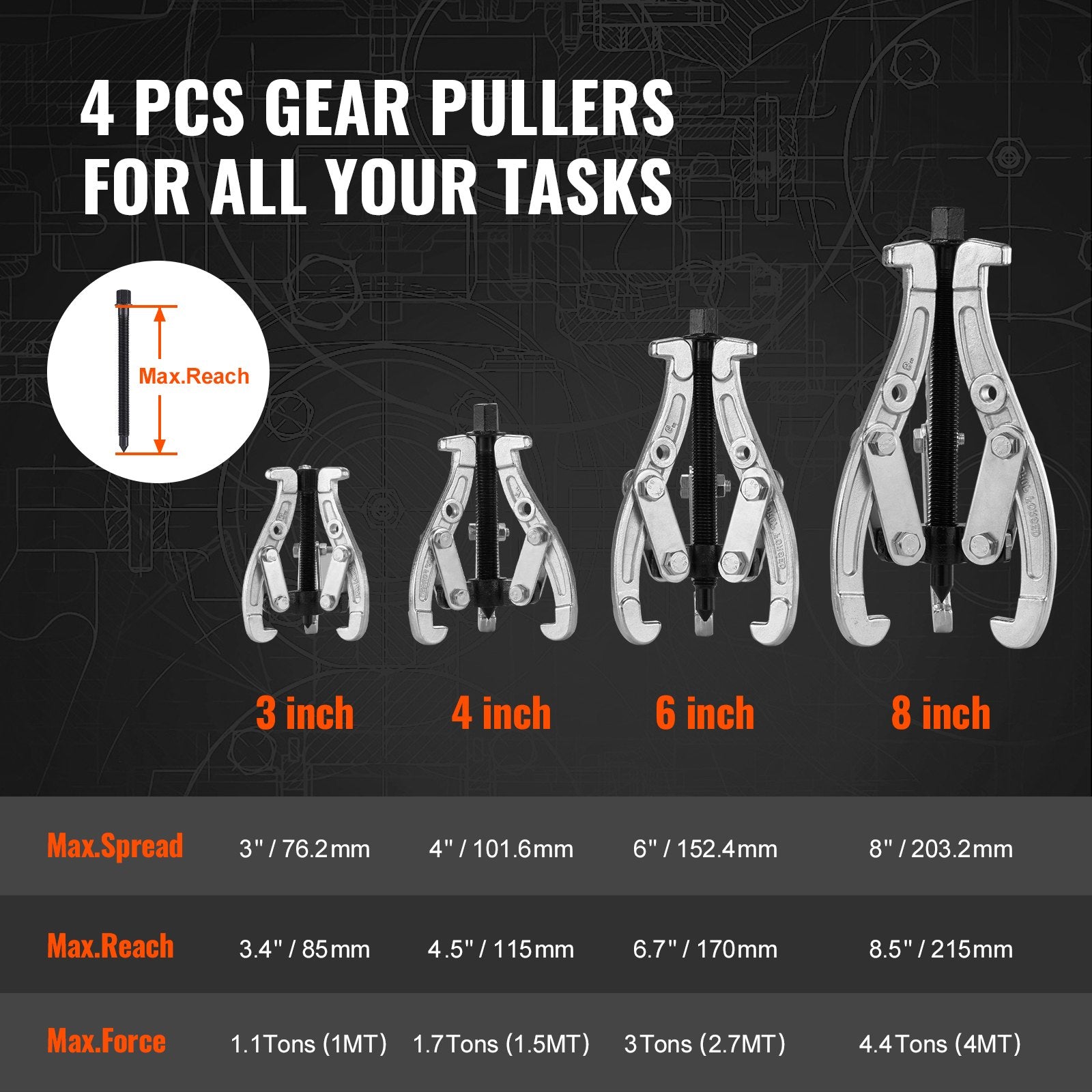 Automotive Repair & Speciality Tools: VEVOR Gear Puller Set 3" 4" 6" 8" 3-Jaw Bearing Puller Wheel Gear Pulley 4 PCS