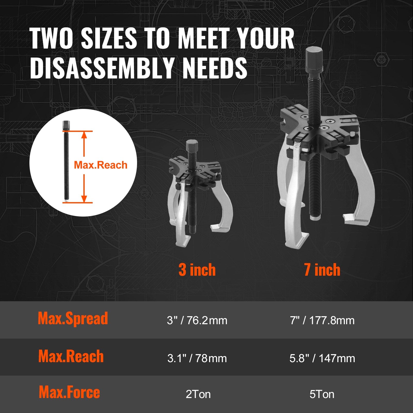 Pull Out Bins: VEVOR Gear Puller Set, 3" and 7" Puller Kit, 3 Jaw Gear Bearing Flywheel Pulley Removal Tool, 2 or 3 Reversible Jaws Wheel Puller, Vertically and Horizontally, External and Internal, 2-Piece