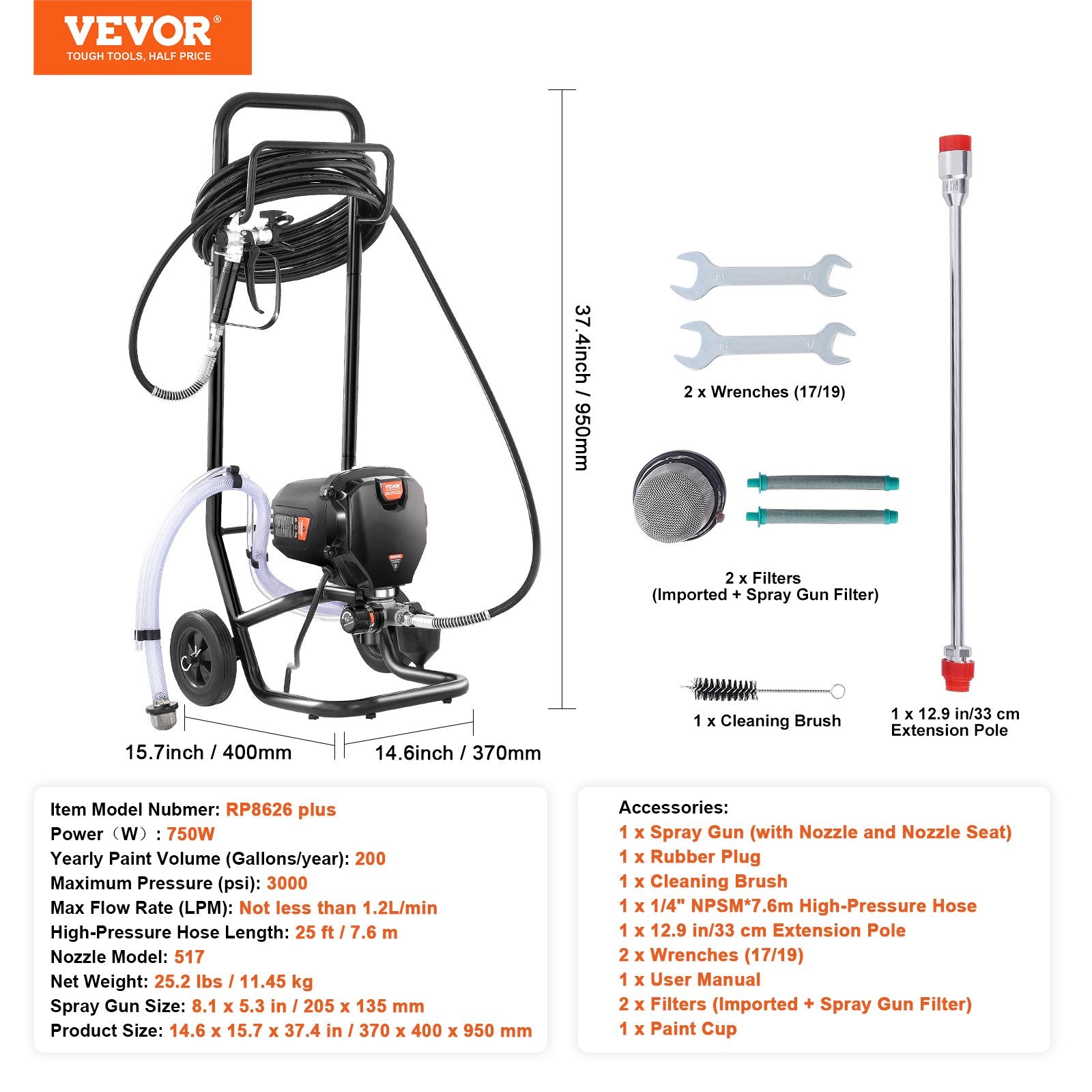Painting Tools: VEVOR Stand Airless Paint Sprayer, 750W 3000PSI High Efficiency Electric Airless Sprayer With Cart, Fine And Even Painting Effect, Paint Sprayers for Home Interior and Exterior Furniture and Fences