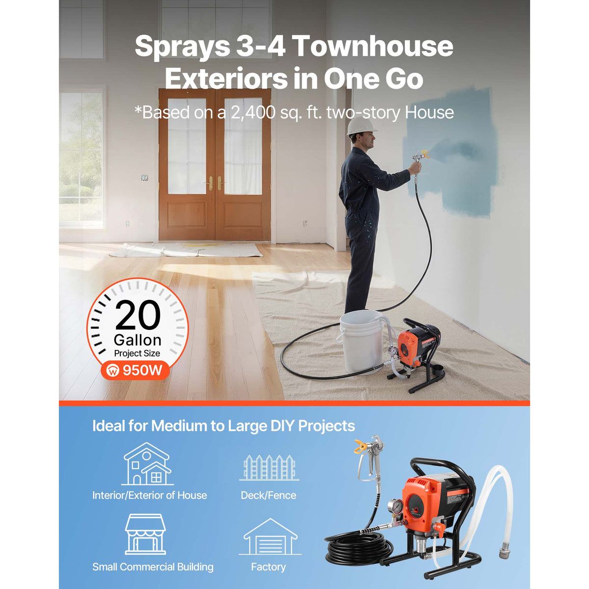 Stand Airless Paint Sprayer, 900W, 3300PSI High Pressure Airless Sprayer, Cleaning Brush, Hose, Extension Rod, Nozzles, Electric Spray Paint Machine for Interior or Exterior of House, Fence