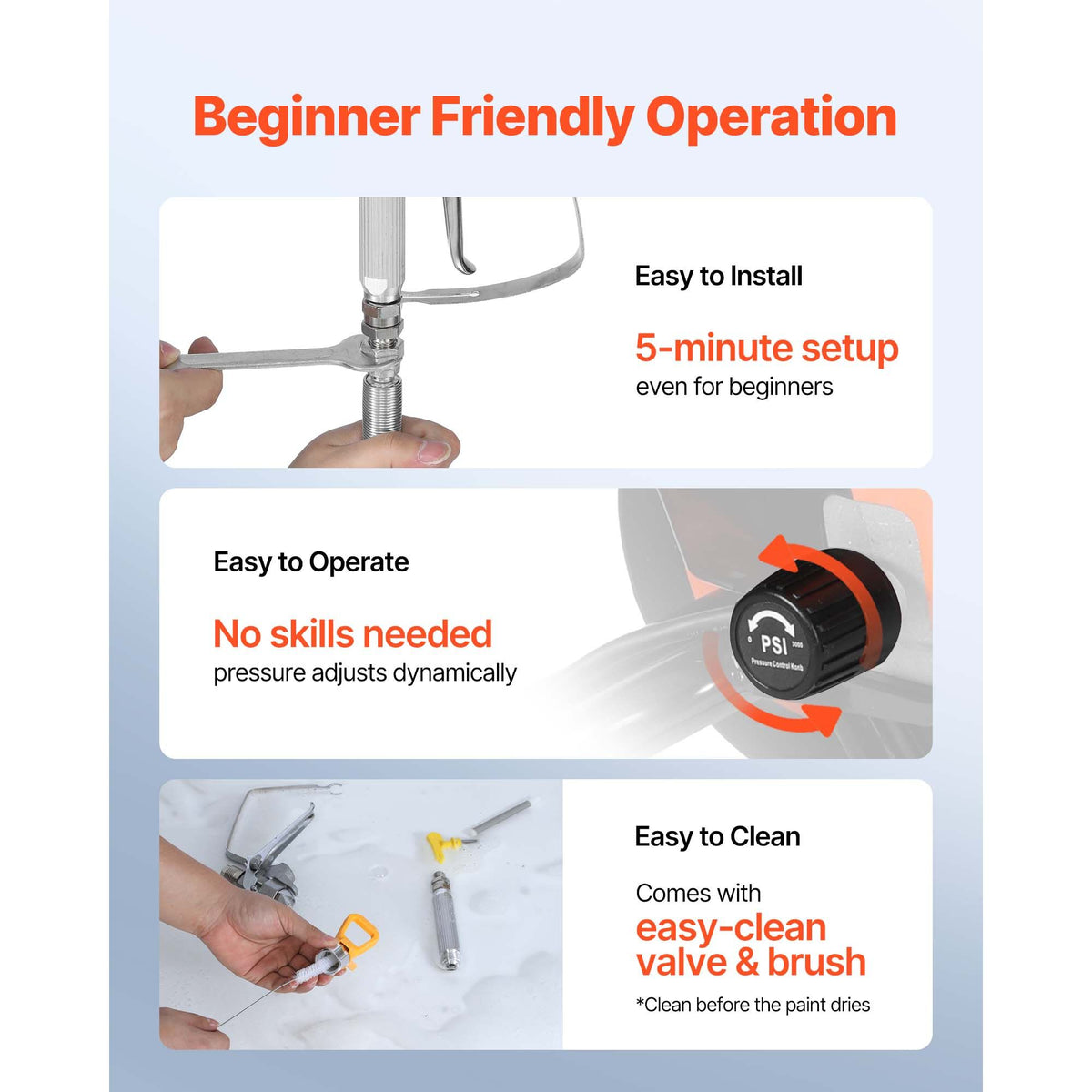 Stand Airless Paint Sprayer, 900W, 3300PSI High Pressure Airless Sprayer, Cleaning Brush, Hose, Extension Rod, Nozzles, Electric Spray Paint Machine for Interior or Exterior of House, Fence