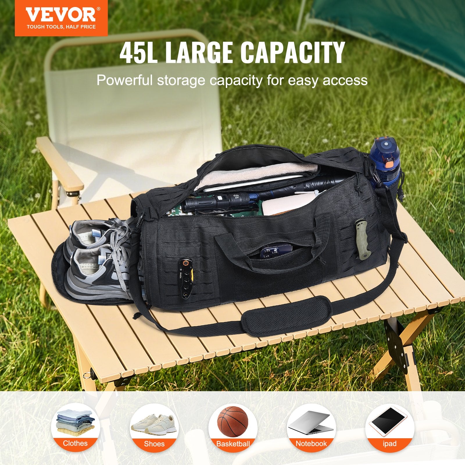 Clothing & Wardrobe Storage: VEVOR Tactical Duffle Bag 45L Gym Bag Duffle Molle Design & Shoe Compartment