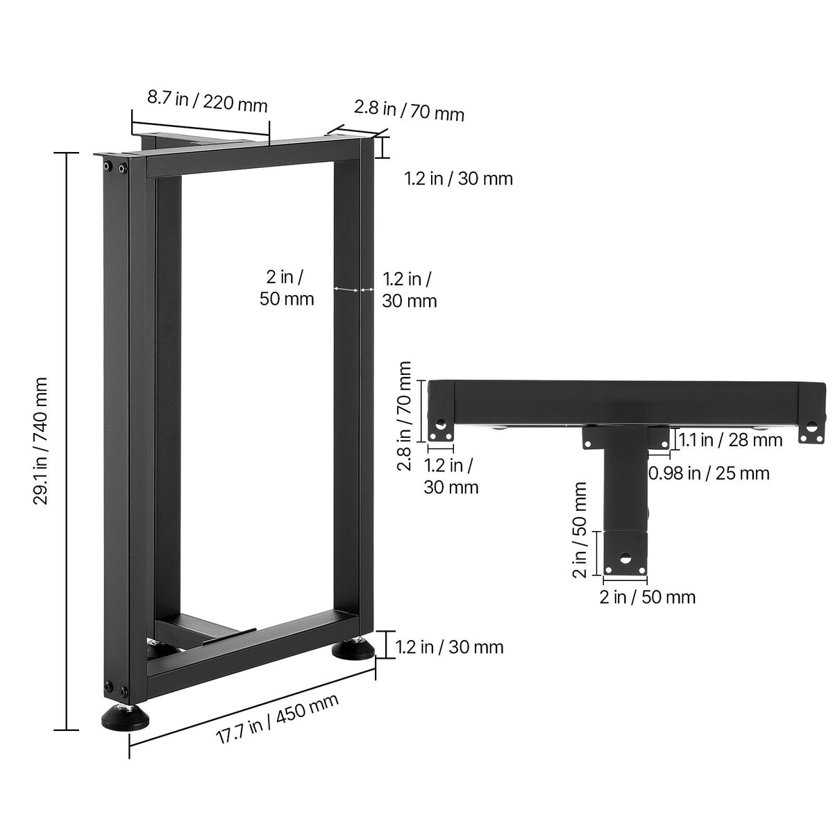 Table Legs, 740 x 450 mm (H x W) Square T Shape Steel Furniture Legs, Modular Design, Easy Assembly, 1000 kg Max Load Heavy Duty, for Home Office Desk, Dinner Table, Workbench, Set of 2, Black