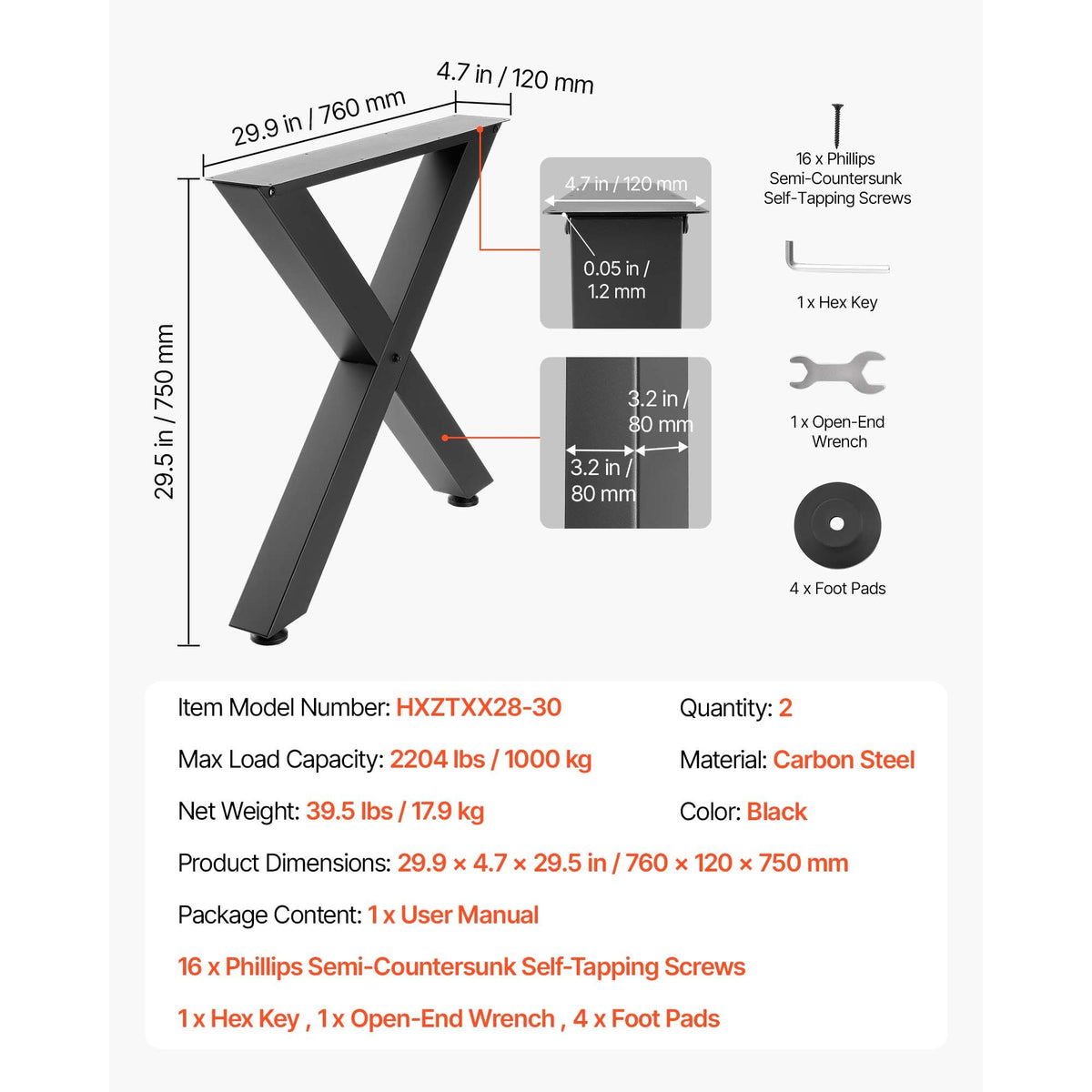 Table Legs, 750 x 760 mm (HxW) W Steel Furniture Legs, Modular Design, Easy Assembly, 1000 kg Max Load Heavy Duty, for Home Office Desk, Coffee Dinner Bar Tables, Workbench,2 PCS, X Frame, Black
