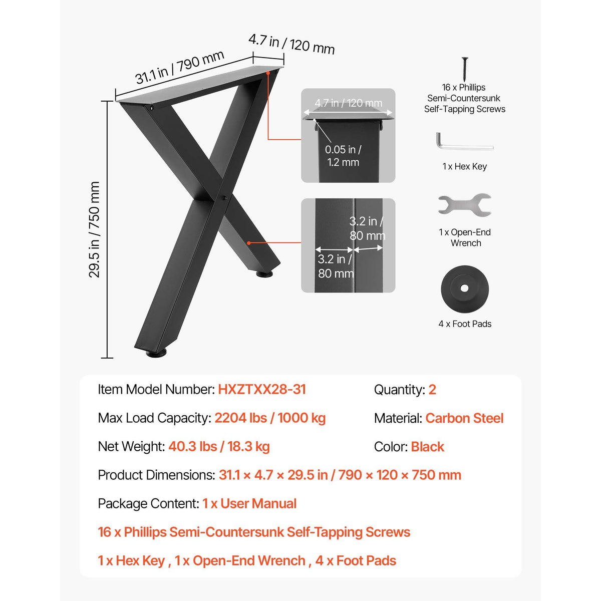 Table Legs, 750 x 790 mm (H x W) Steel Furniture Legs, Modular Design, Easy Assembly, 1000 kg Max Load Heavy Duty, for Home Office Desk, Coffee Dinner Bar Tables, Workbench,2 PCS, X Frame, Black