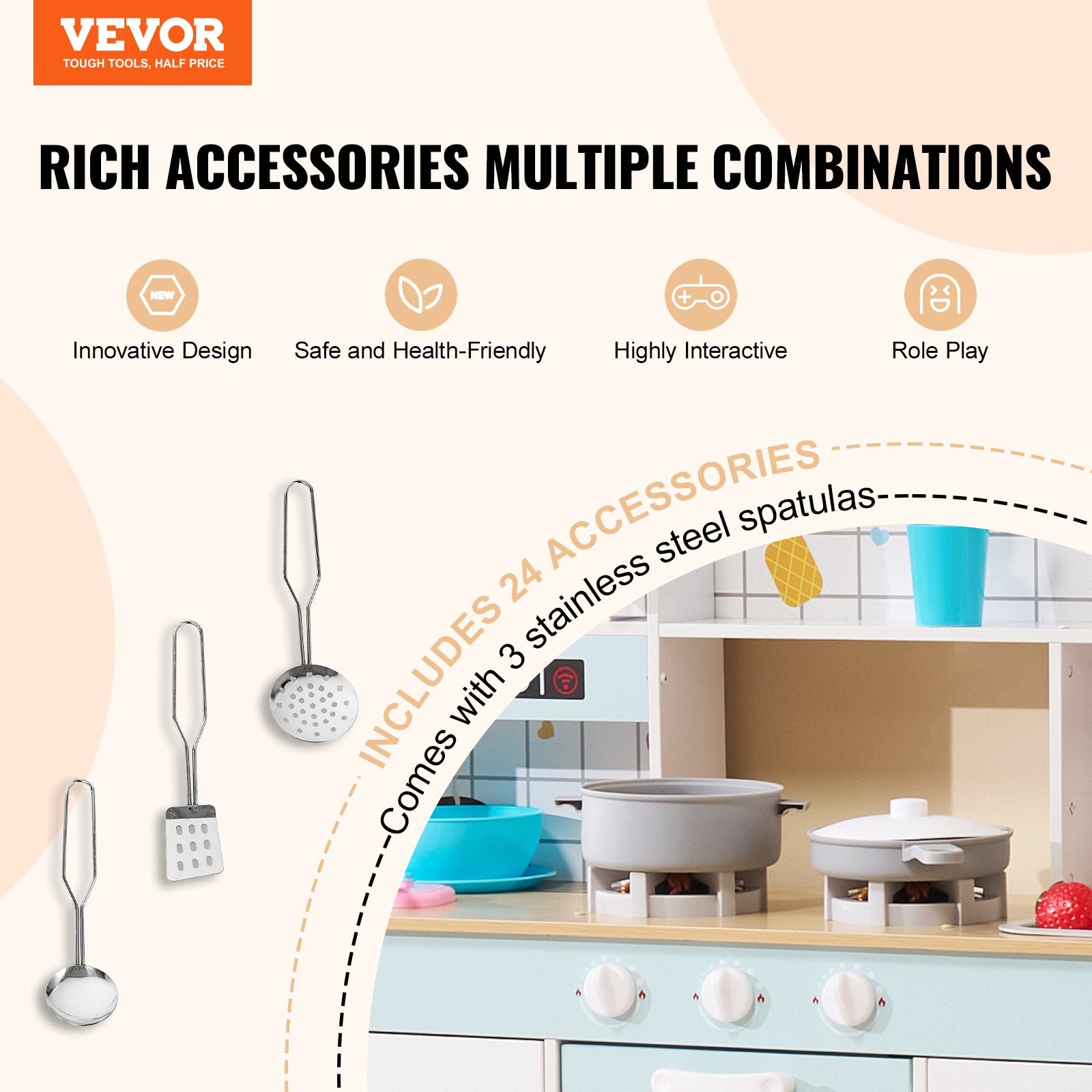 Pretend Play: VEVOR Kitchen Playset Kids Pretend Cooking Play Toy 24 Piece Accessories White
