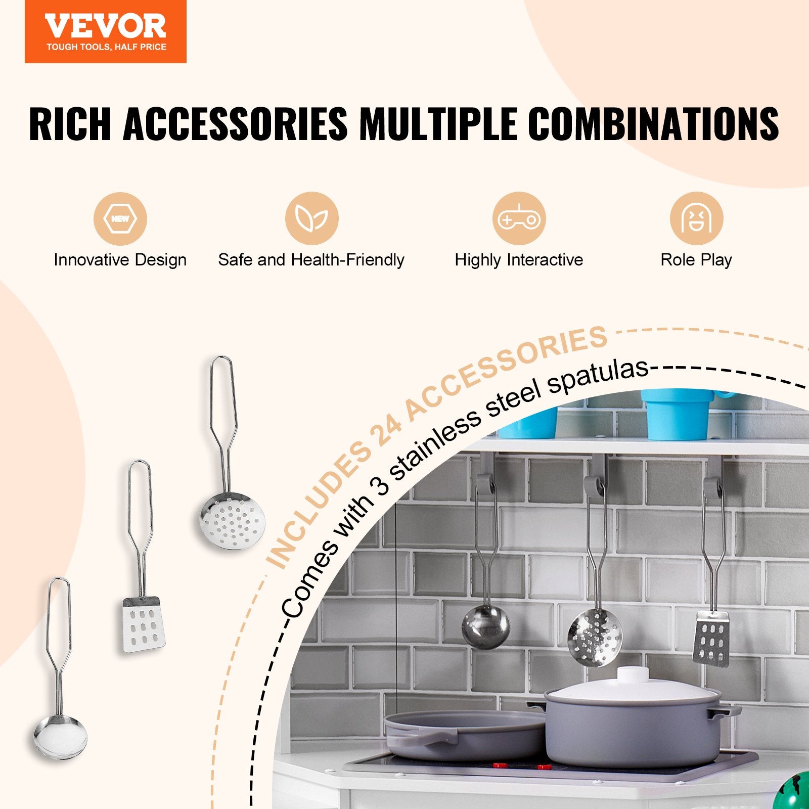 Pretend Play: VEVOR Kitchen Playset Kids Pretend Cooking Play Toy 24 Piece Accessories White