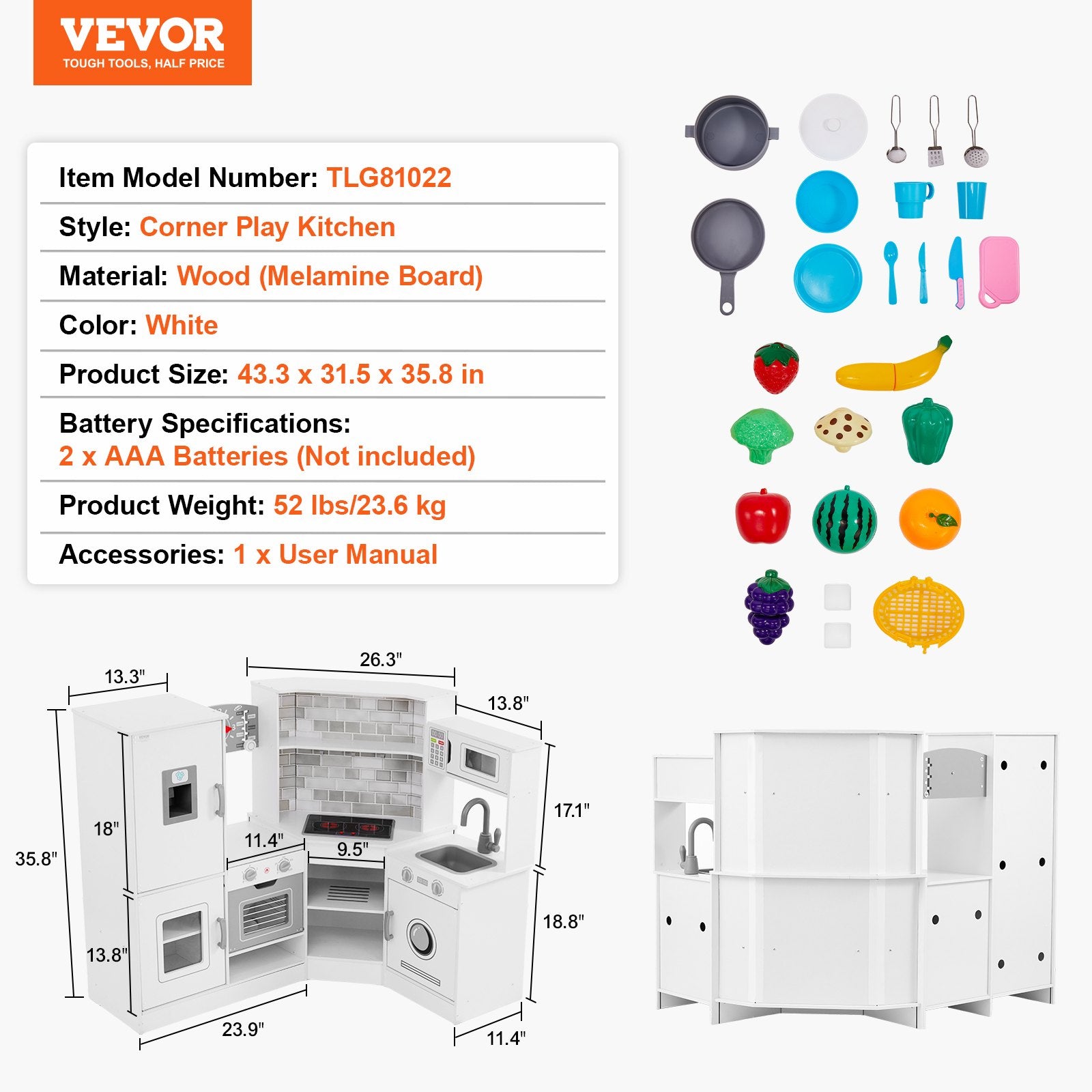 Pretend Play: VEVOR Kitchen Playset Kids Pretend Cooking Play Toy 24 Piece Accessories White