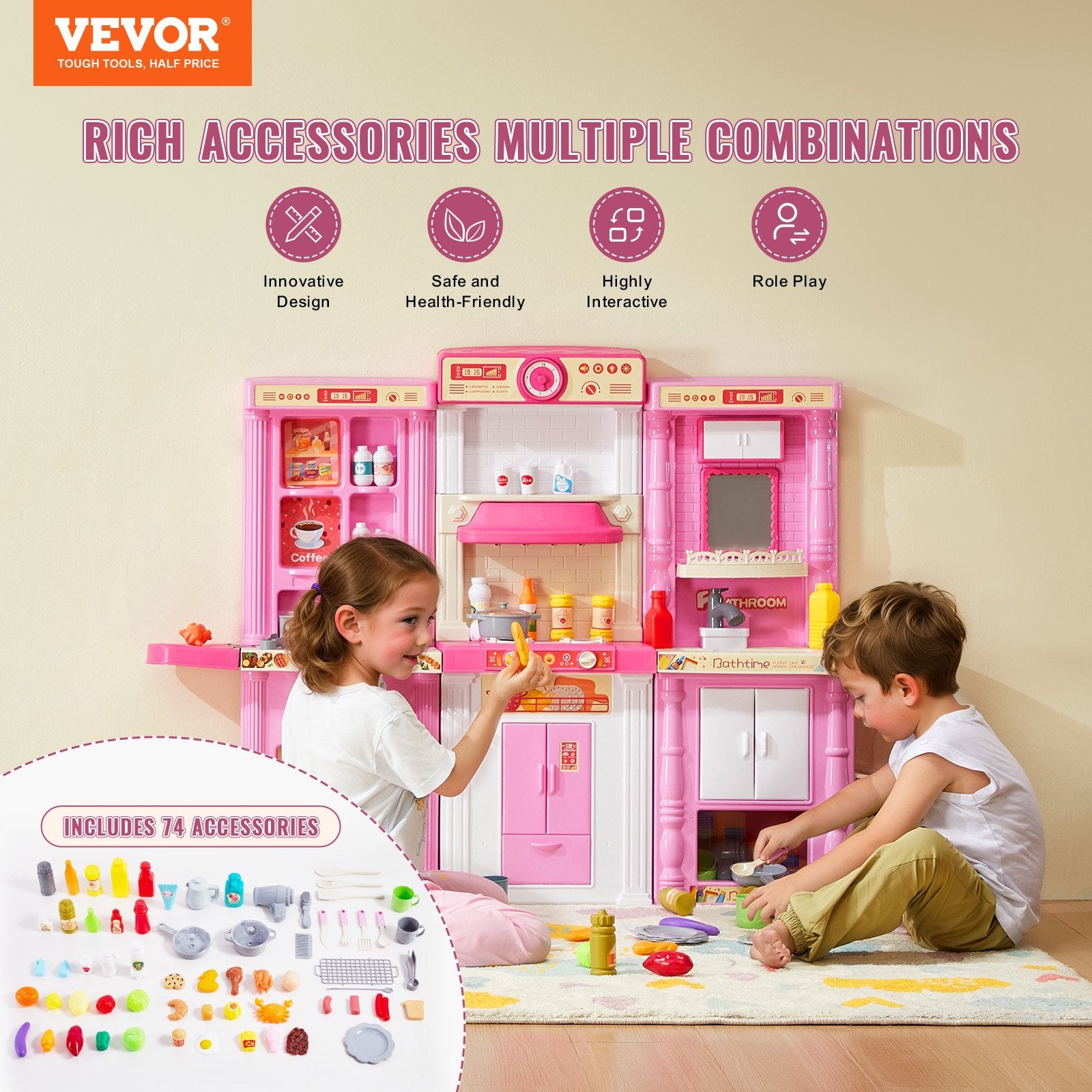 Pretend Play: VEVOR Kitchen Playset Kids Pretend Cooking Play Toy 74 Piece Accessories Pink