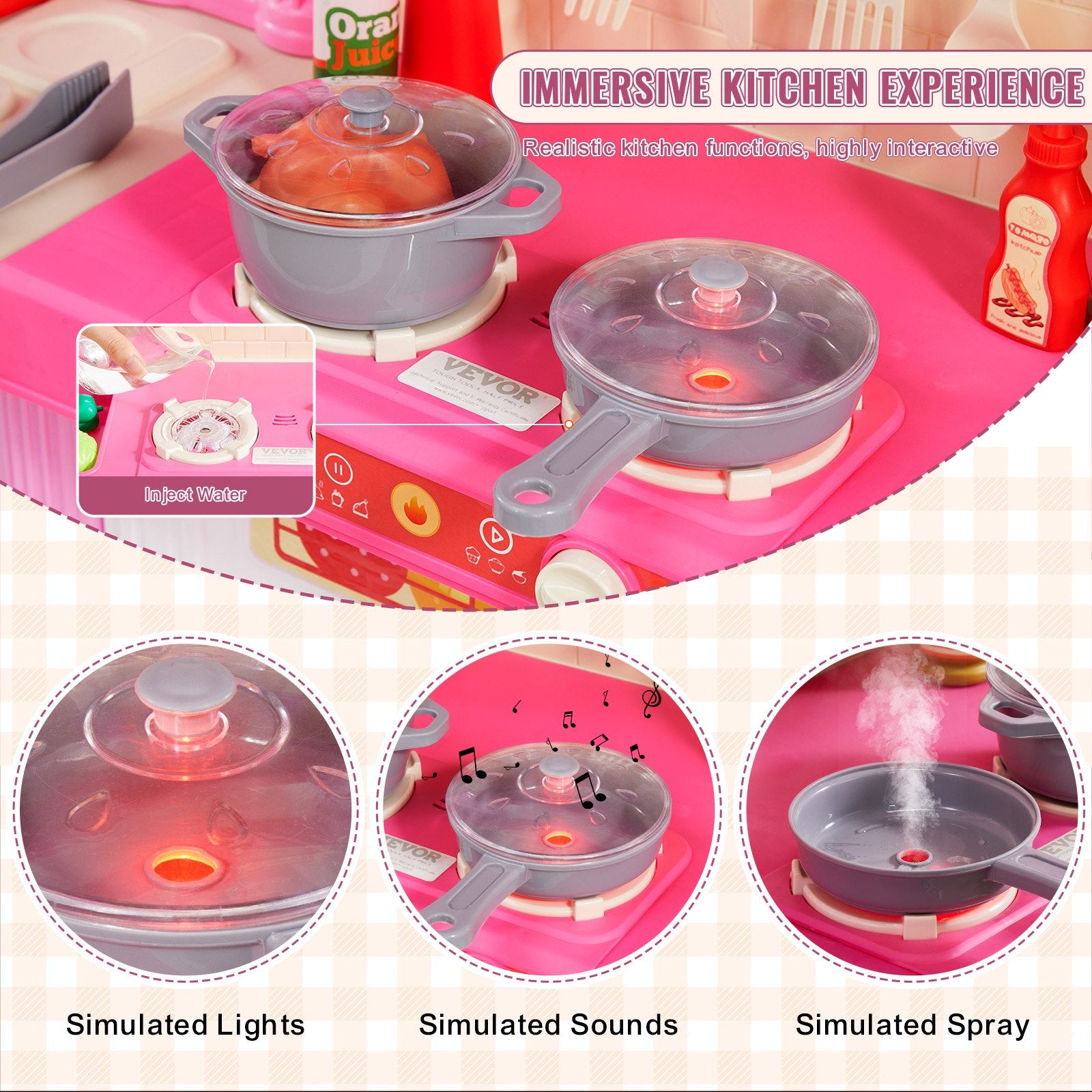 Pretend Play: VEVOR Kitchen Playset Kids Pretend Cooking Play Toy 74 Piece Accessories Pink
