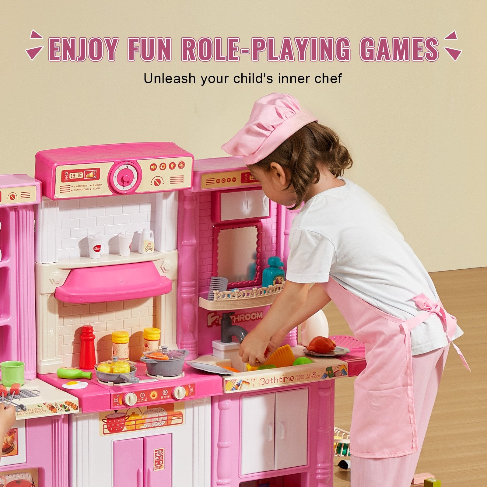 Pretend Play: VEVOR Kitchen Playset Kids Pretend Cooking Play Toy 74 Piece Accessories Pink