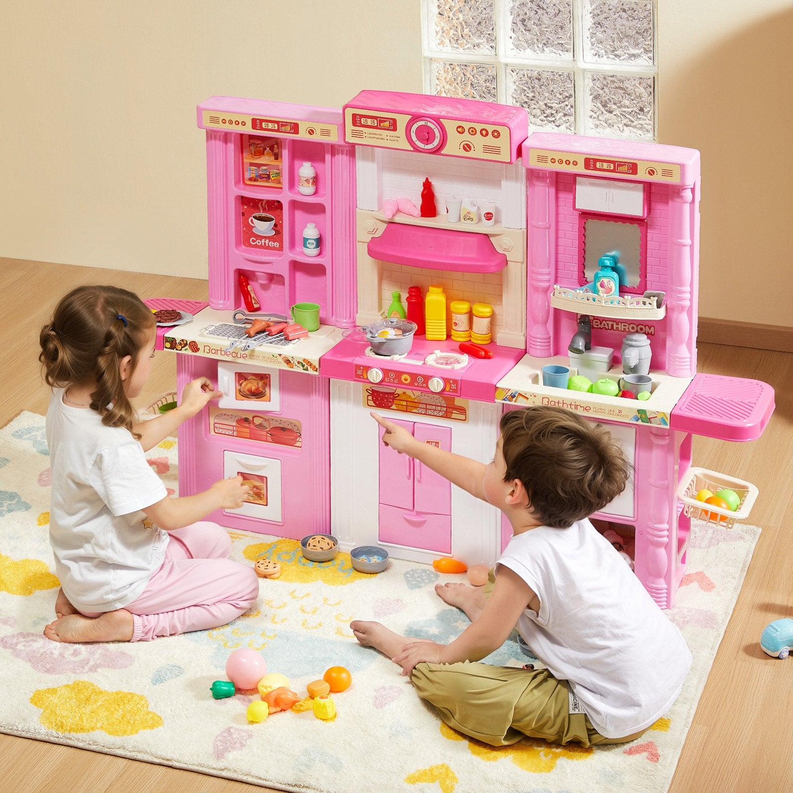 Pretend Play: VEVOR Kitchen Playset Kids Pretend Cooking Play Toy 74 Piece Accessories Pink