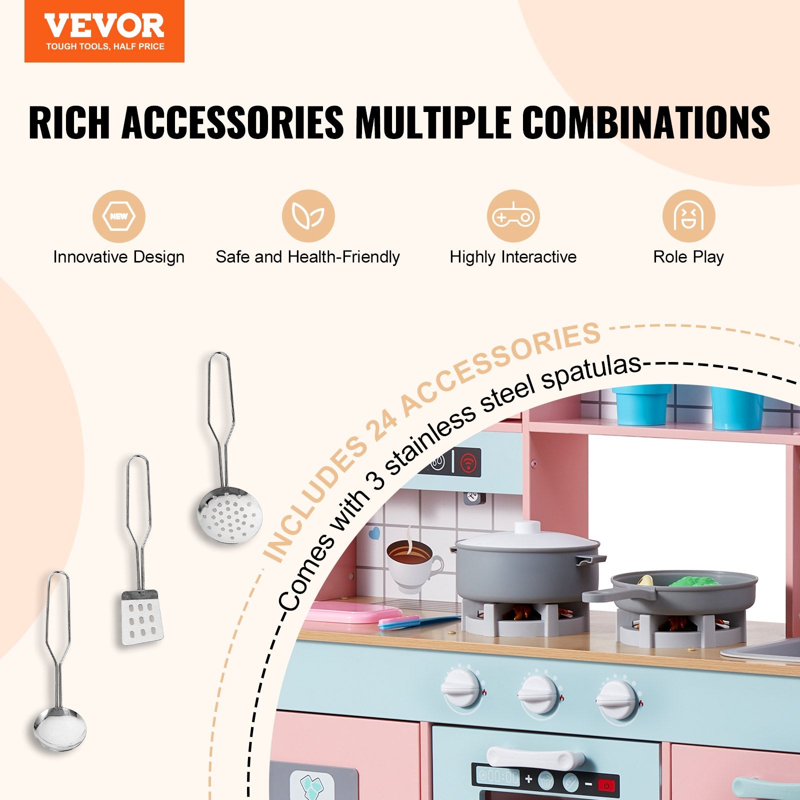 Pretend Play: VEVOR Kitchen Playset Kids Pretend Cooking Play Toy 24 Piece Accessories Pink
