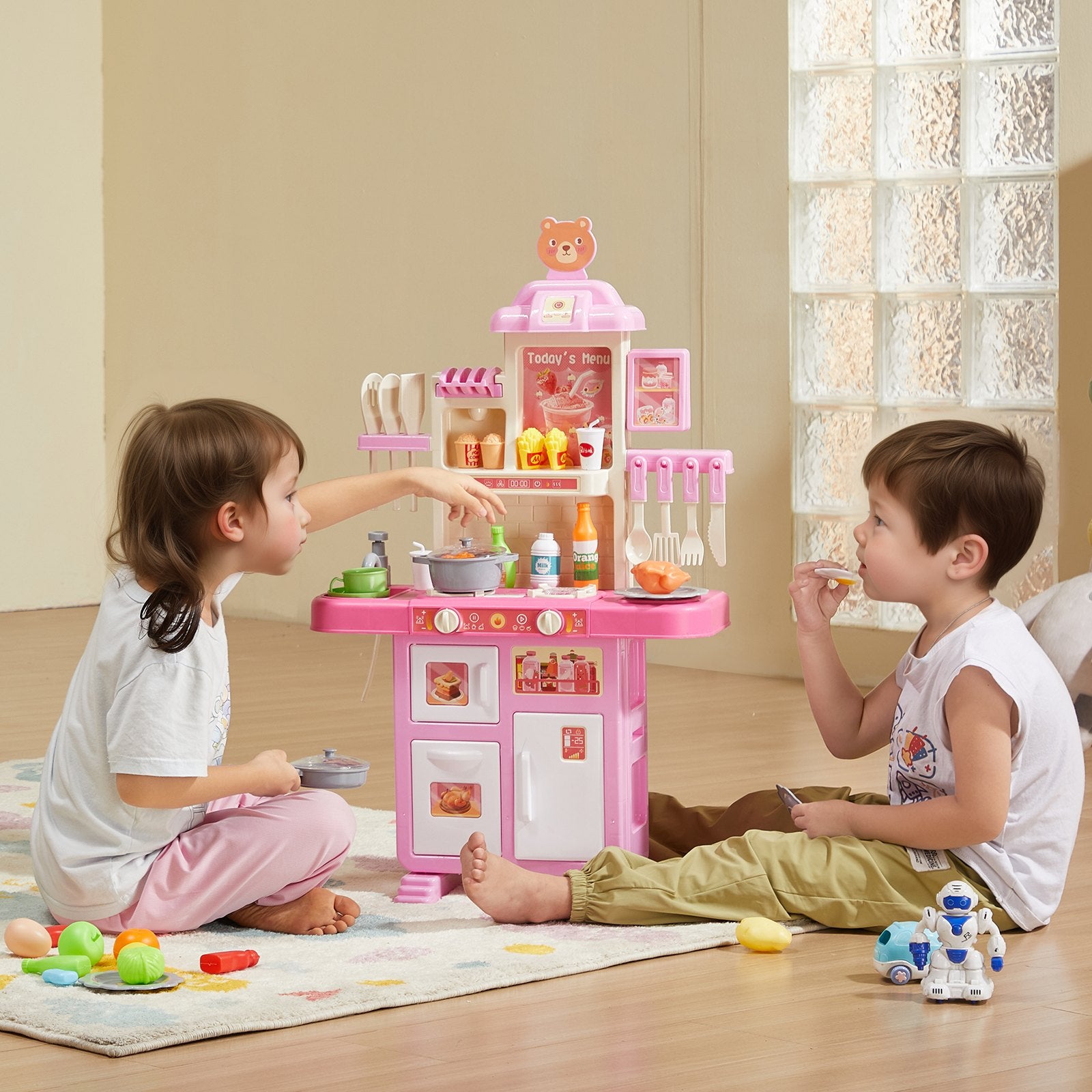 Pretend Play: VEVOR Kitchen Playset Kids Pretend Cooking Play Toy 48 Piece Accessories Pink