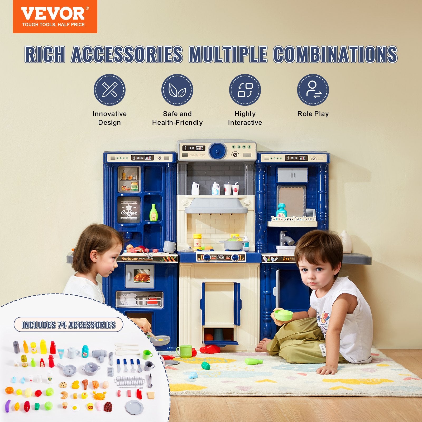 Pretend Play: VEVOR Kitchen Playset Kids Pretend Cooking Play Toy 74 Piece Accessories Blue
