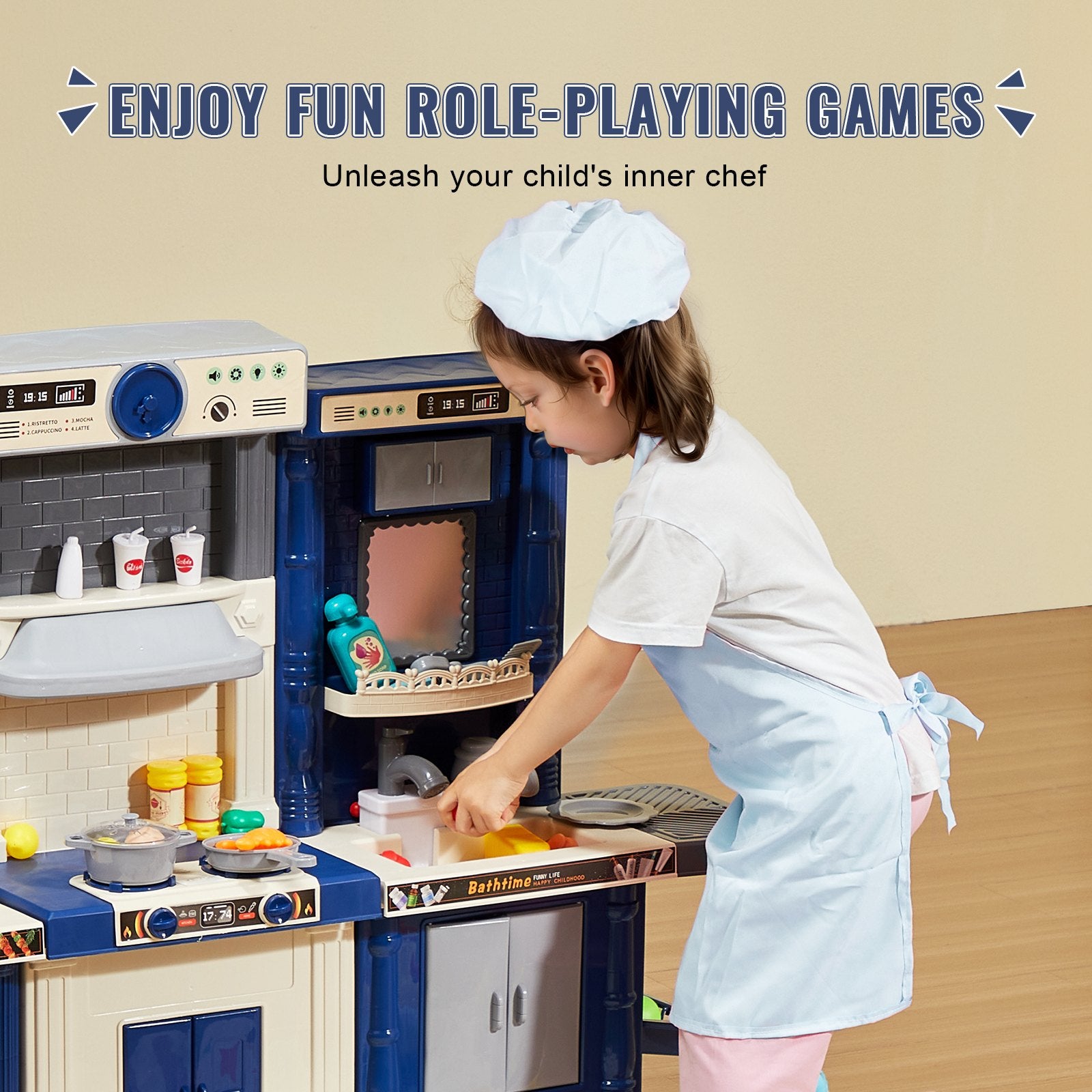 Pretend Play: VEVOR Kitchen Playset Kids Pretend Cooking Play Toy 74 Piece Accessories Blue