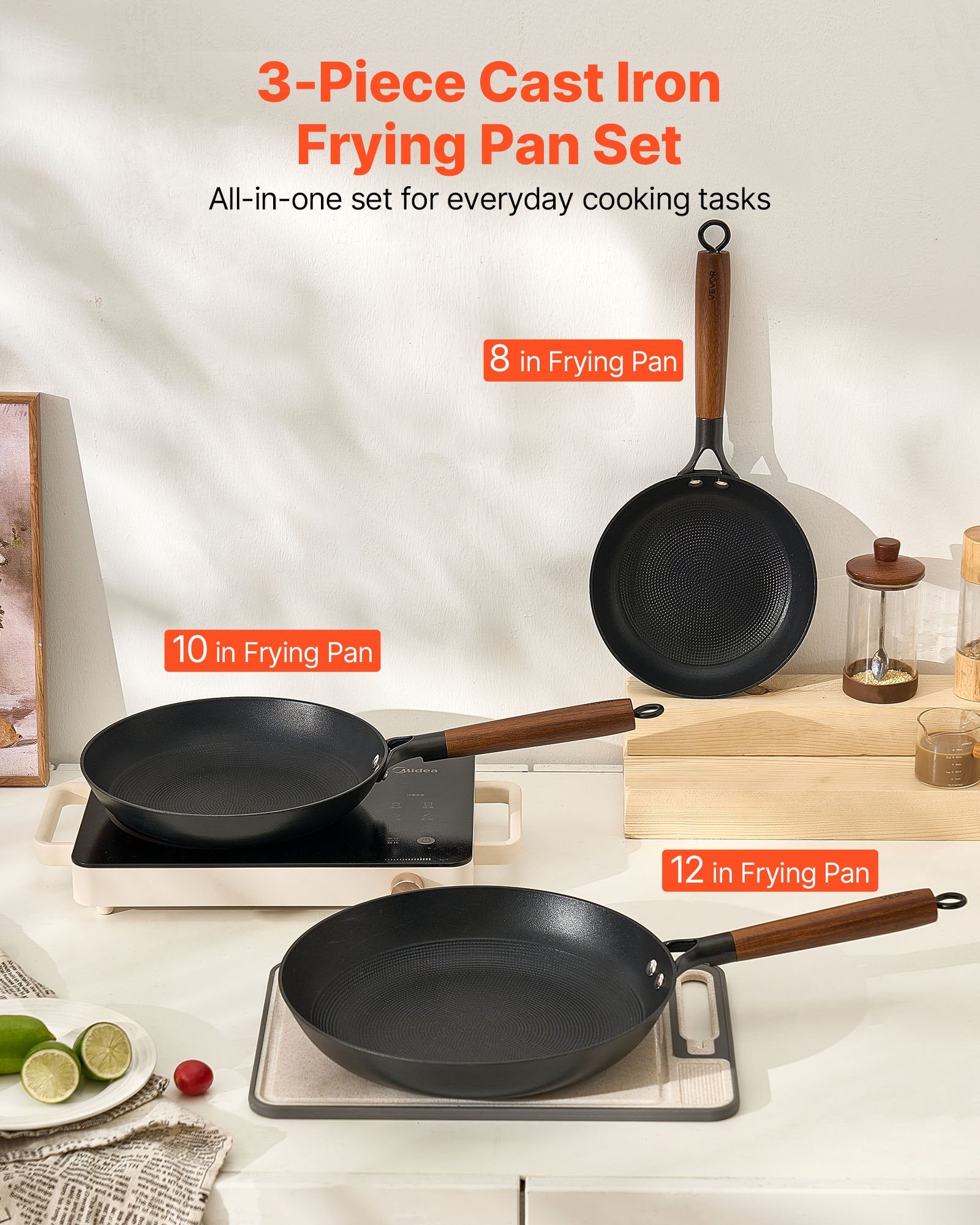 Skillets & Frying Pans: VEVOR Cast Iron Skillet, 3-Piece Frying Pan Set (205, 265, 310 mm), Nonstick Skillets with Detachable Wood Handle, Pre-Seasoned Chef's Pan, Kitchen Cookware for Gas, Electrical, and Induction, Black