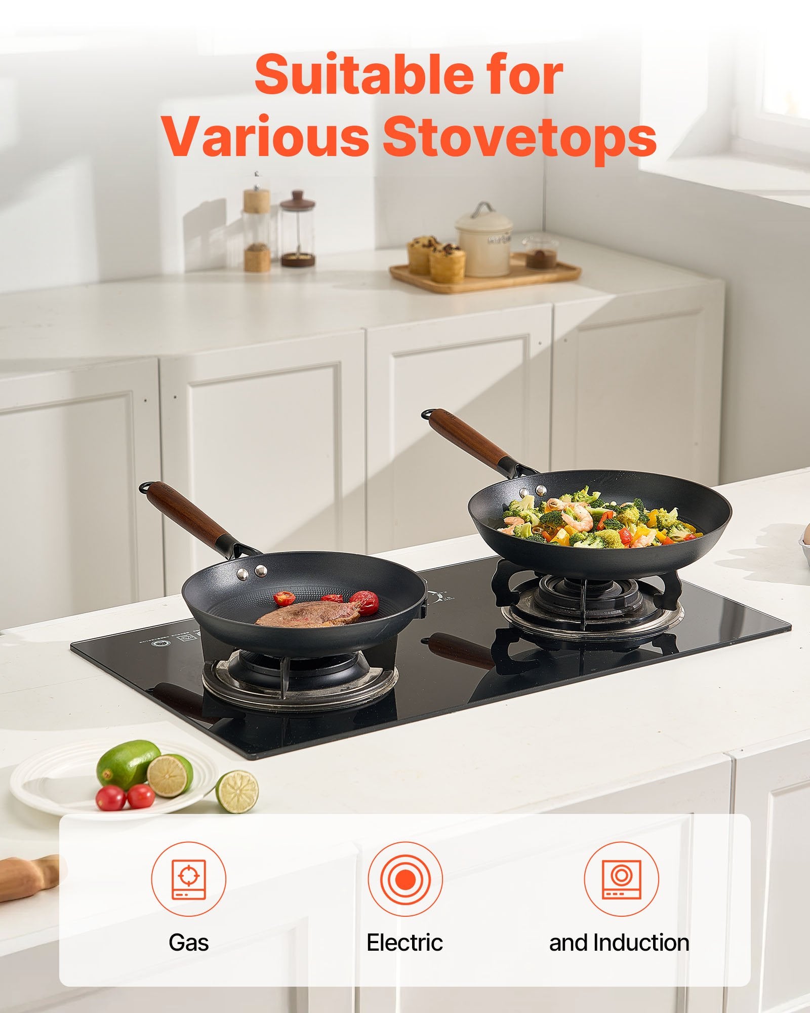 Skillets & Frying Pans: VEVOR Cast Iron Skillet, 3-Piece Frying Pan Set (205, 265, 310 mm), Nonstick Skillets with Detachable Wood Handle, Pre-Seasoned Chef's Pan, Kitchen Cookware for Gas, Electrical, and Induction, Black