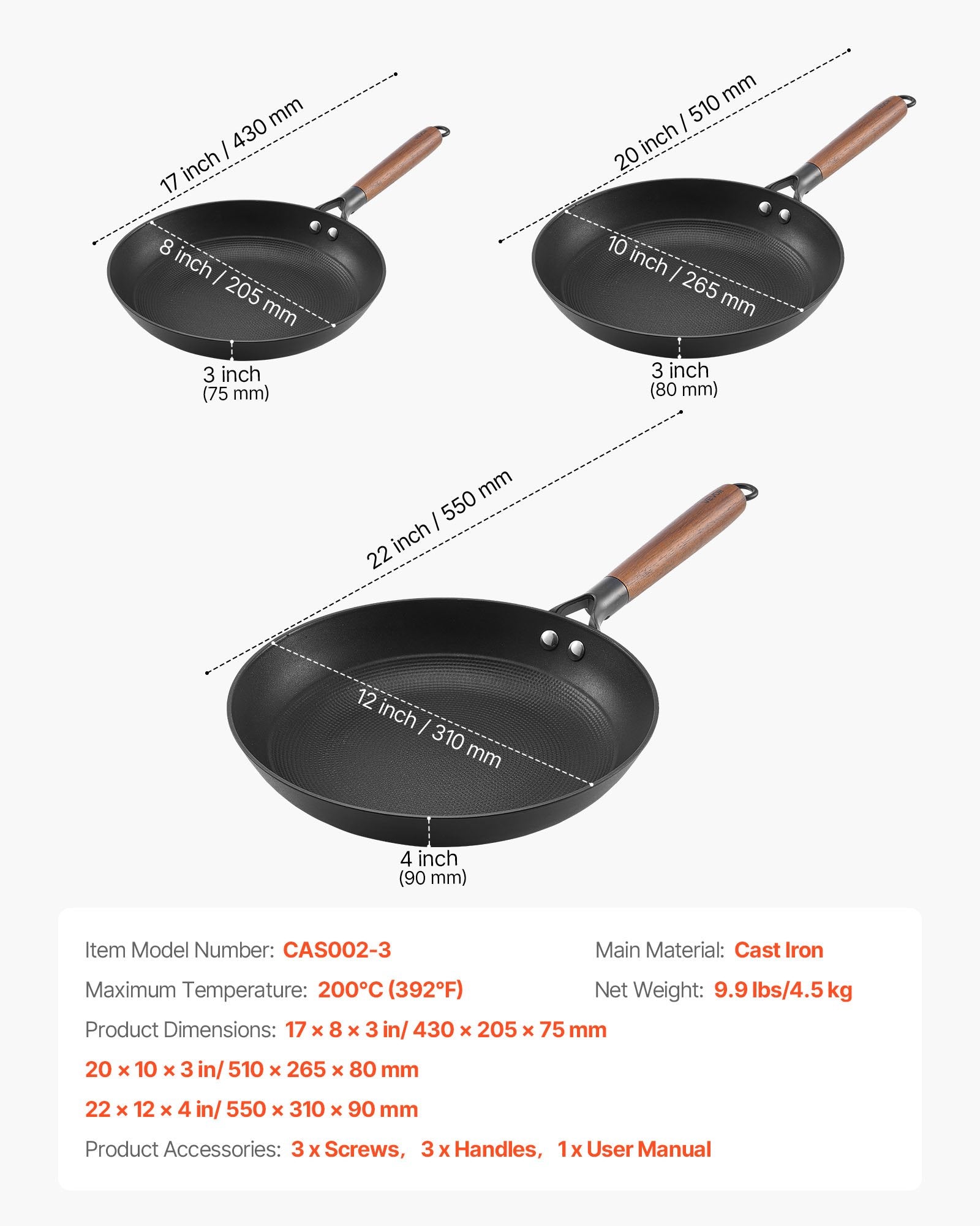 Skillets & Frying Pans: VEVOR Cast Iron Skillet, 3-Piece Frying Pan Set (205, 265, 310 mm), Nonstick Skillets with Detachable Wood Handle, Pre-Seasoned Chef's Pan, Kitchen Cookware for Gas, Electrical, and Induction, Black