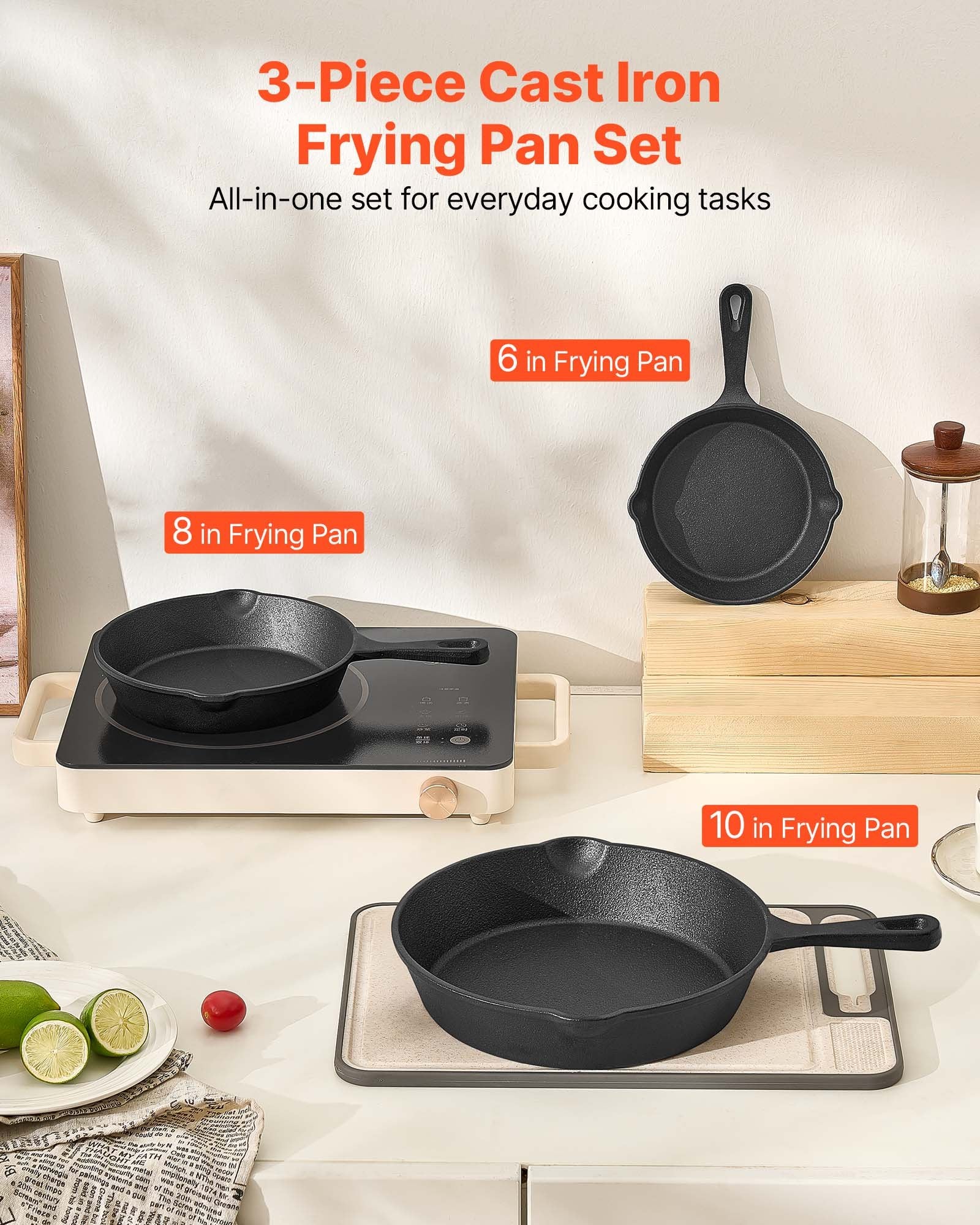 Cast Iron Skillet, 3 Pcs Frying Pan Set (160, 220, 265 mm), Heavy-Duty Skillets with Heat-Resistant Handle, Pre-Seasoned Chef's Pan, Kitchen Cookware, for Oven, Gas, Electrical, Induction, Black