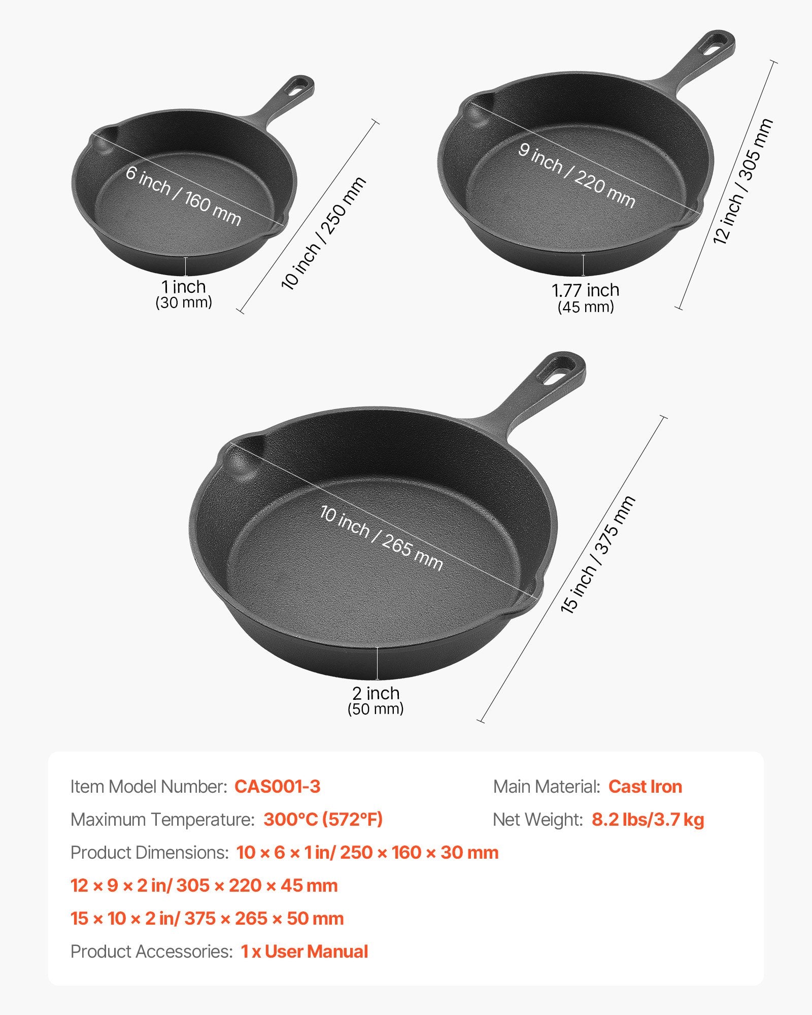 Cast Iron Skillet, 3 Pcs Frying Pan Set (160, 220, 265 mm), Heavy-Duty Skillets with Heat-Resistant Handle, Pre-Seasoned Chef's Pan, Kitchen Cookware, for Oven, Gas, Electrical, Induction, Black