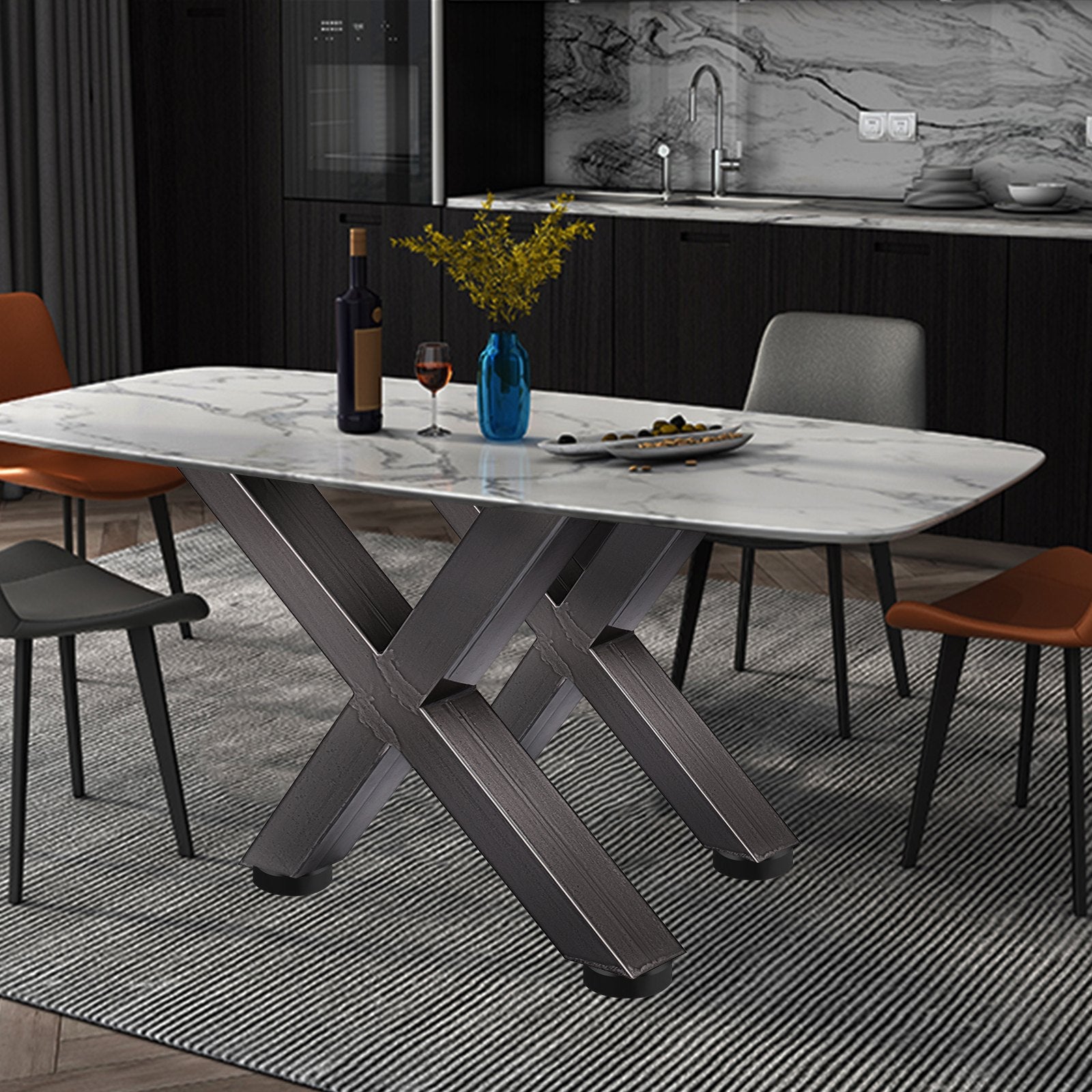 Set of 2 Steel Table Legs, 28'Height 24'Wide Dining Table Legs, Heavy Duty 3.1" Square Box Section X Frame Table Legs, 28x24x3.1 Inch Original Color Industrial Country Style Metal Dining Legs