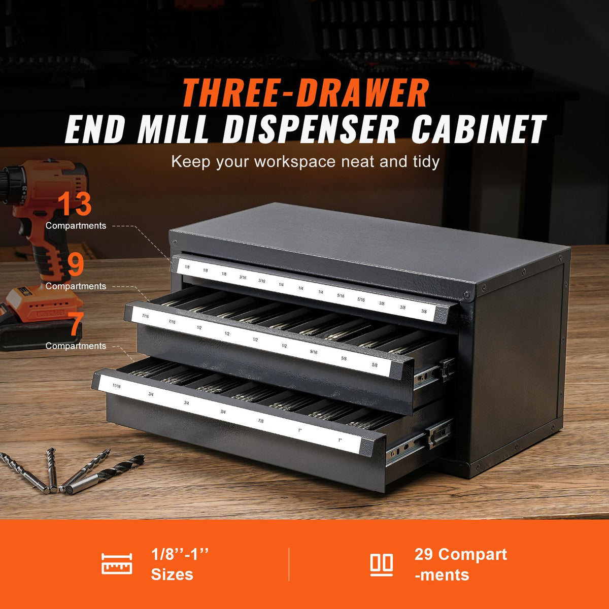 End Mill Dispenser Cabinet, Three-Drawer End Mill Organizer Cabinet for 1/8" to 1", Steel End Mill Dispenser Organizer Cabinet with Labels, 29-Compartment Stackable for End Mill Storage