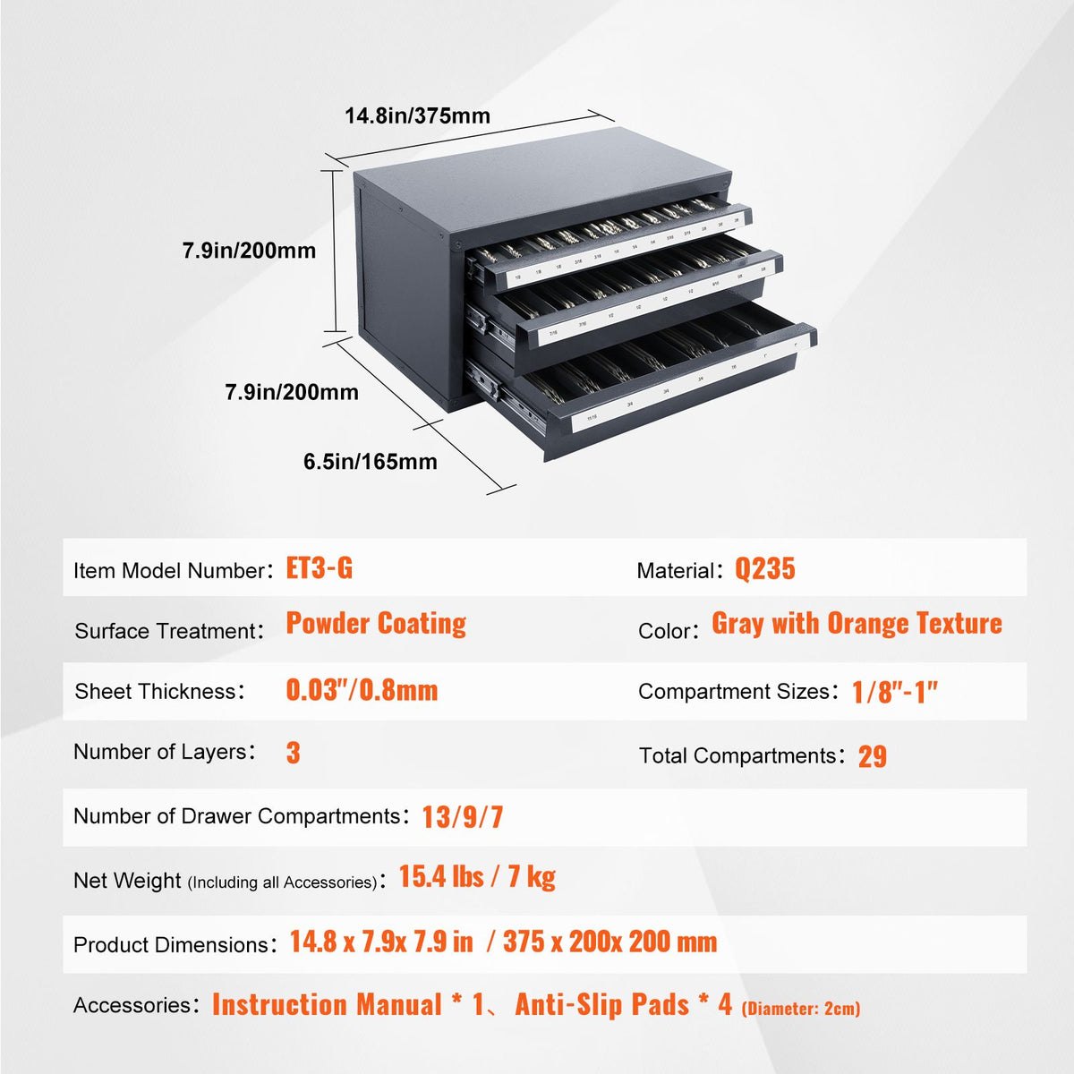 End Mill Dispenser Cabinet, Three-Drawer End Mill Organizer Cabinet for 1/8" to 1", Steel End Mill Dispenser Organizer Cabinet with Labels, 29-Compartment Stackable for End Mill Storage