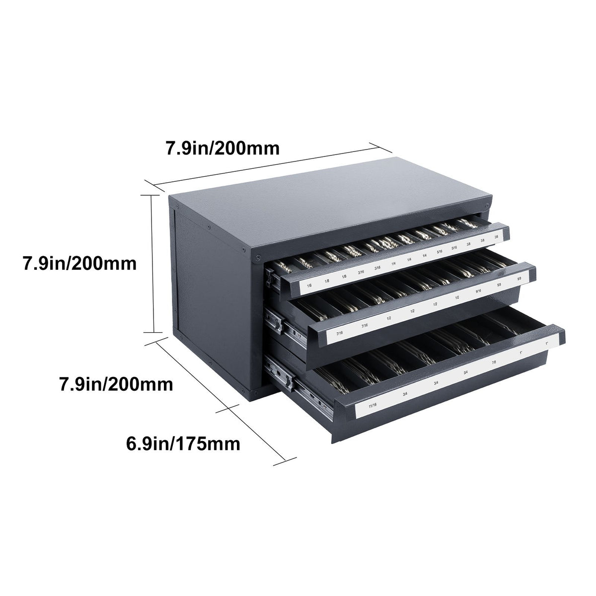 End Mill Dispenser Cabinet, Three-Drawer End Mill Organizer Cabinet for 1/8" to 1", Steel End Mill Dispenser Organizer Cabinet with Labels, 29-Compartment Stackable for End Mill Storage