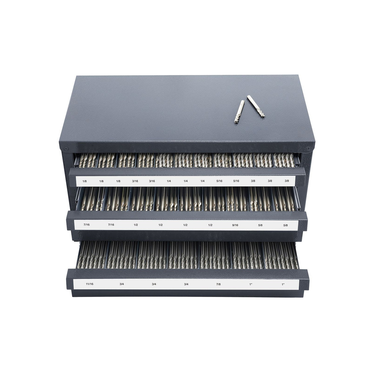 End Mill Dispenser Cabinet, Three-Drawer End Mill Organizer Cabinet for 1/8" to 1", Steel End Mill Dispenser Organizer Cabinet with Labels, 29-Compartment Stackable for End Mill Storage