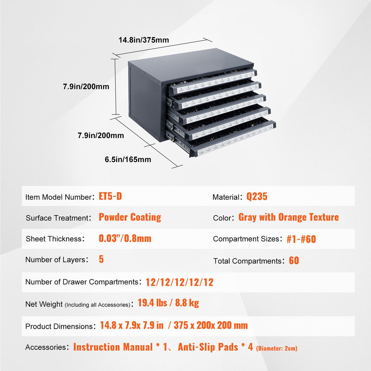 Drill Bit Dispenser Cabinet, Five-Drawer Drill Bit Organizer Cabinet for #1 to #60 Steel Drill Dispenser Organizer Cabinet with Labels, Stackable Drill Dispenser for Drill Bit Storage