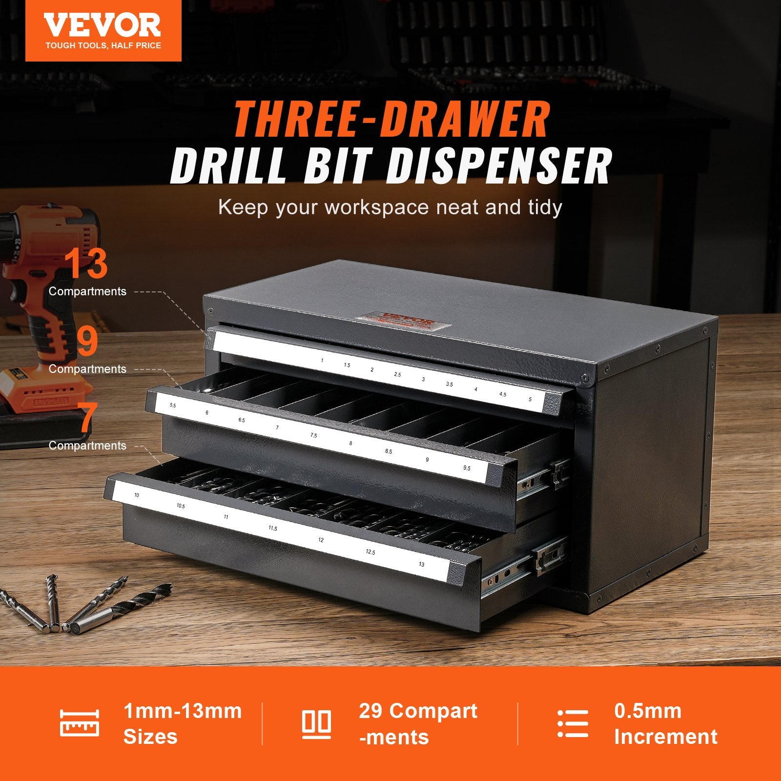 Makeup Organisation & Storage: VEVOR Drill Bit Dispenser Cabinet, Three-Drawer Drill Bit Organizer Cabinet for 1mm to 13mm, Steel Drill Dispenser Organizer Cabinet with Labels, Stackable Drill Dispenser for Drill Bit Storage