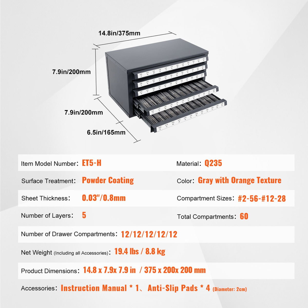 Tap Dispenser Cabinet, Five-Drawer Tap Organizer Cabinet for #2-56-#12-28 Steel Tap Dispenser Organizer Cabinet with Labels, 60-Compartment Stackable Tap Cabinet for Tap Storage