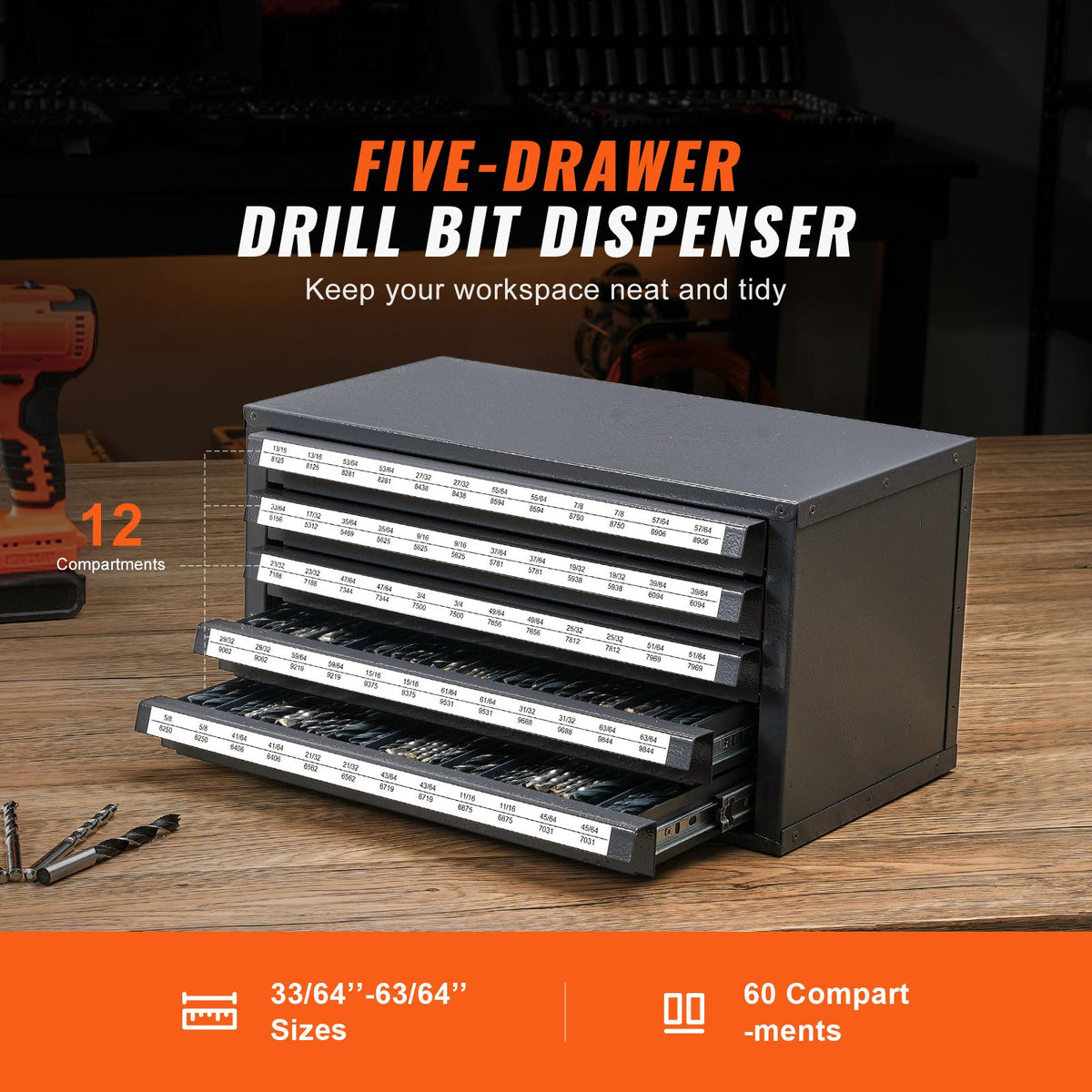 Drill Bit Dispenser Cabinet, Five-Drawer Drill Bit Organizer Cabinet for 33/64" to 63/64" Steel Drill Dispenser Organizer Cabinet with Labels, Stackable Drill Dispenser for Drill Bit Storage