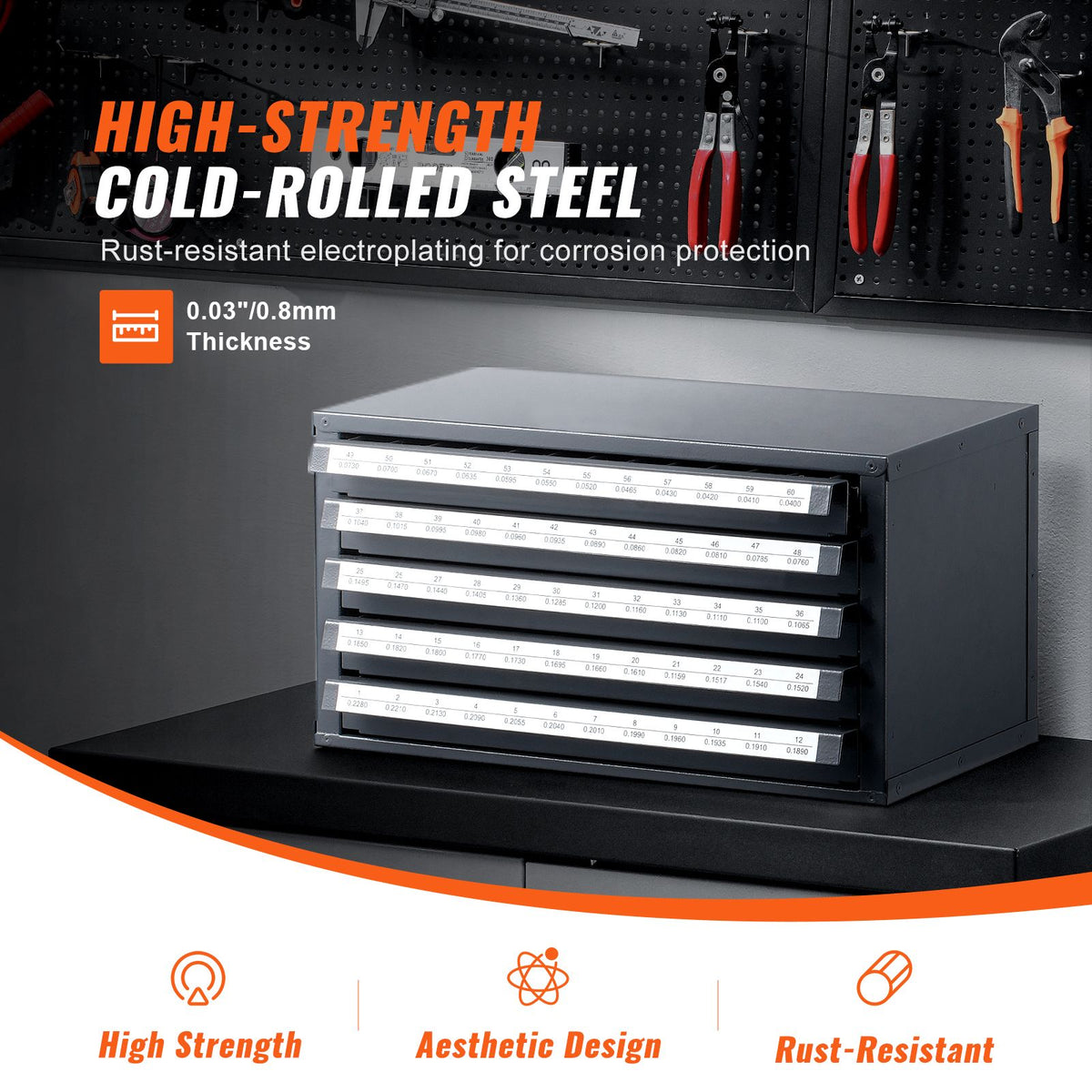 Drill Bit Dispenser Cabinet, Five-Drawer Drill Bit Organizer Cabinet for 33/64" to 63/64" Steel Drill Dispenser Organizer Cabinet with Labels, Stackable Drill Dispenser for Drill Bit Storage