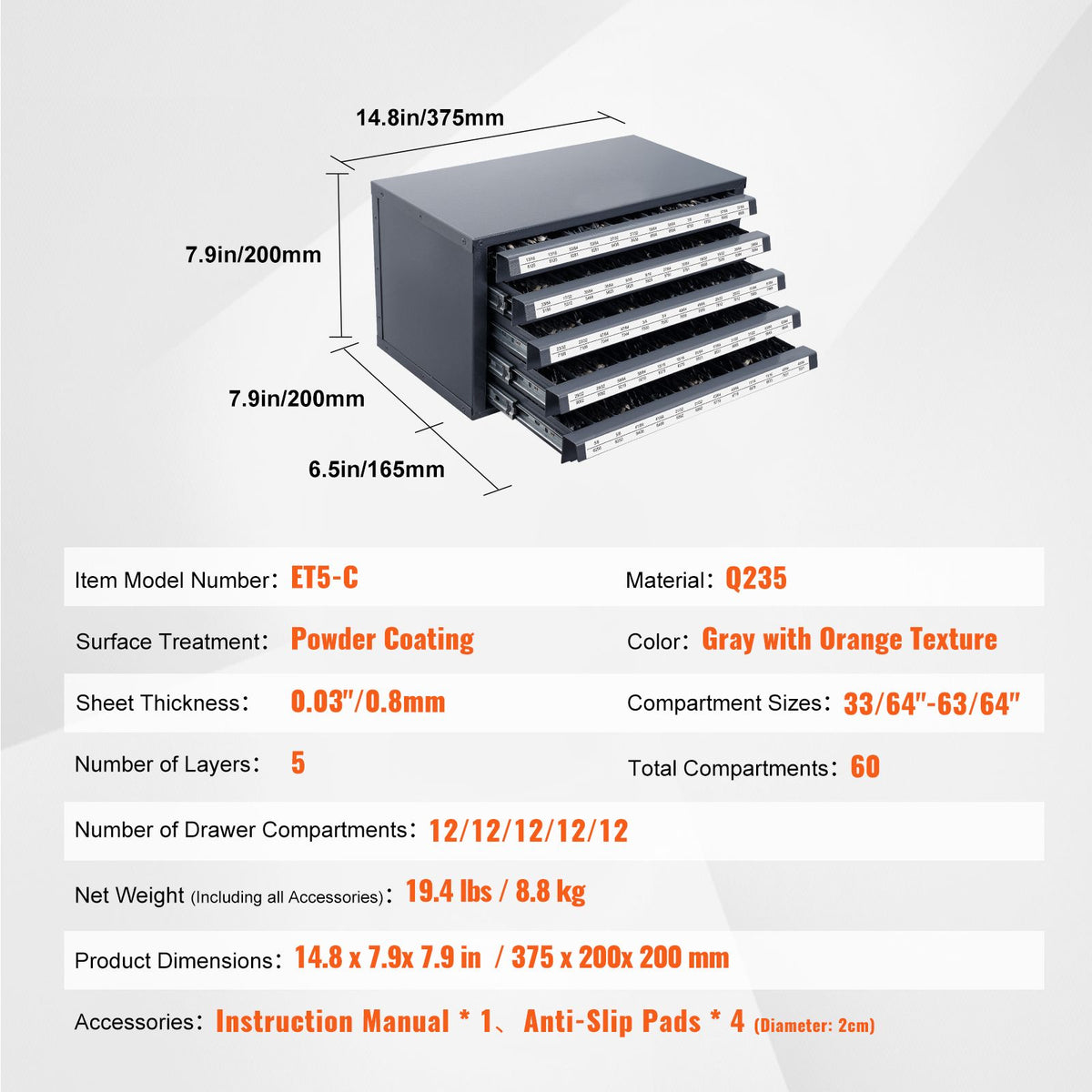 Drill Bit Dispenser Cabinet, Five-Drawer Drill Bit Organizer Cabinet for 33/64" to 63/64" Steel Drill Dispenser Organizer Cabinet with Labels, Stackable Drill Dispenser for Drill Bit Storage