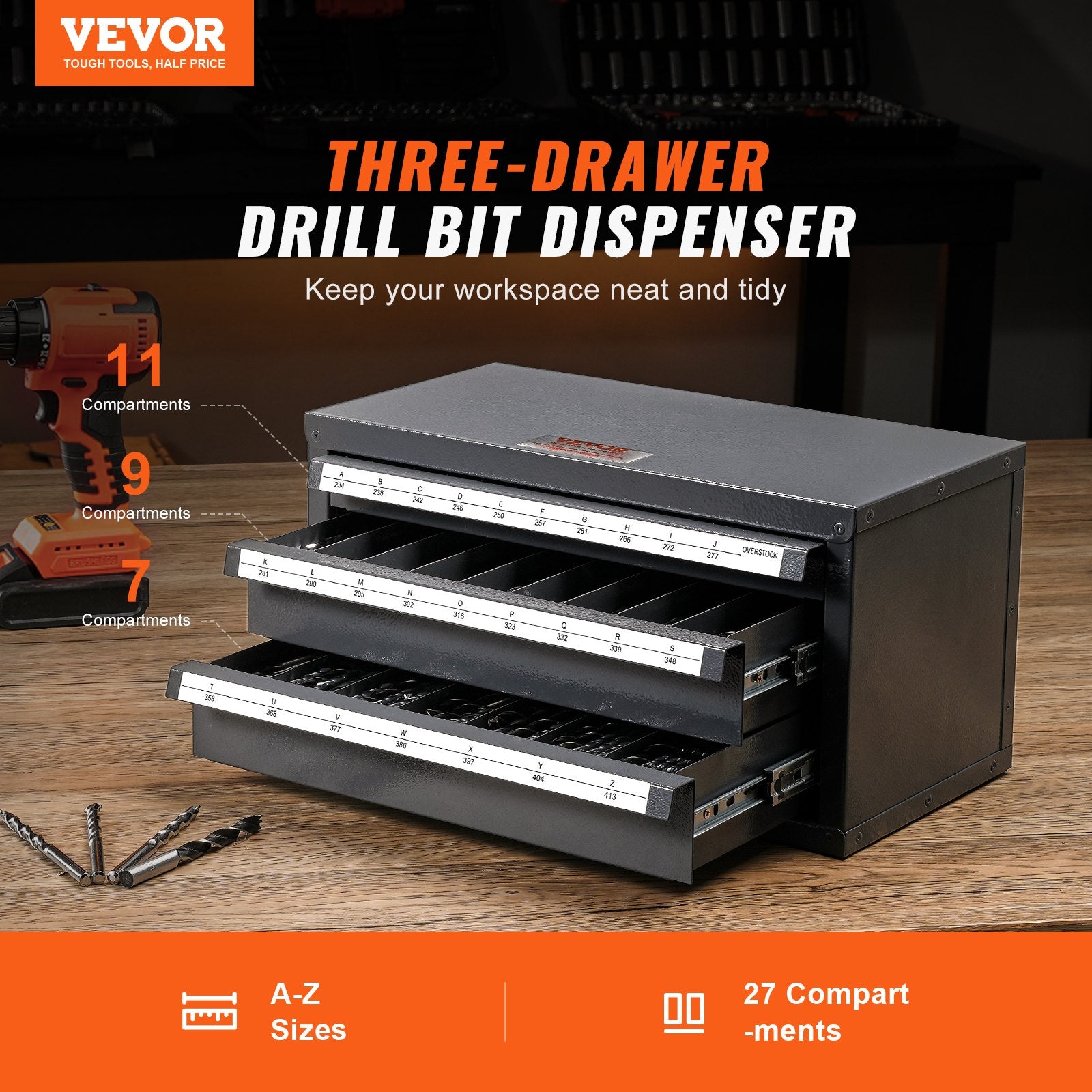Makeup Organisation & Storage: VEVOR Drill Bit Dispenser Cabinet, Three-Drawer Drill Bit Organizer Cabinet for A to Z, Steel Drill Dispenser Organizer Cabinet with Labels, Stackable Drill Dispenser for Drill Bit Storage