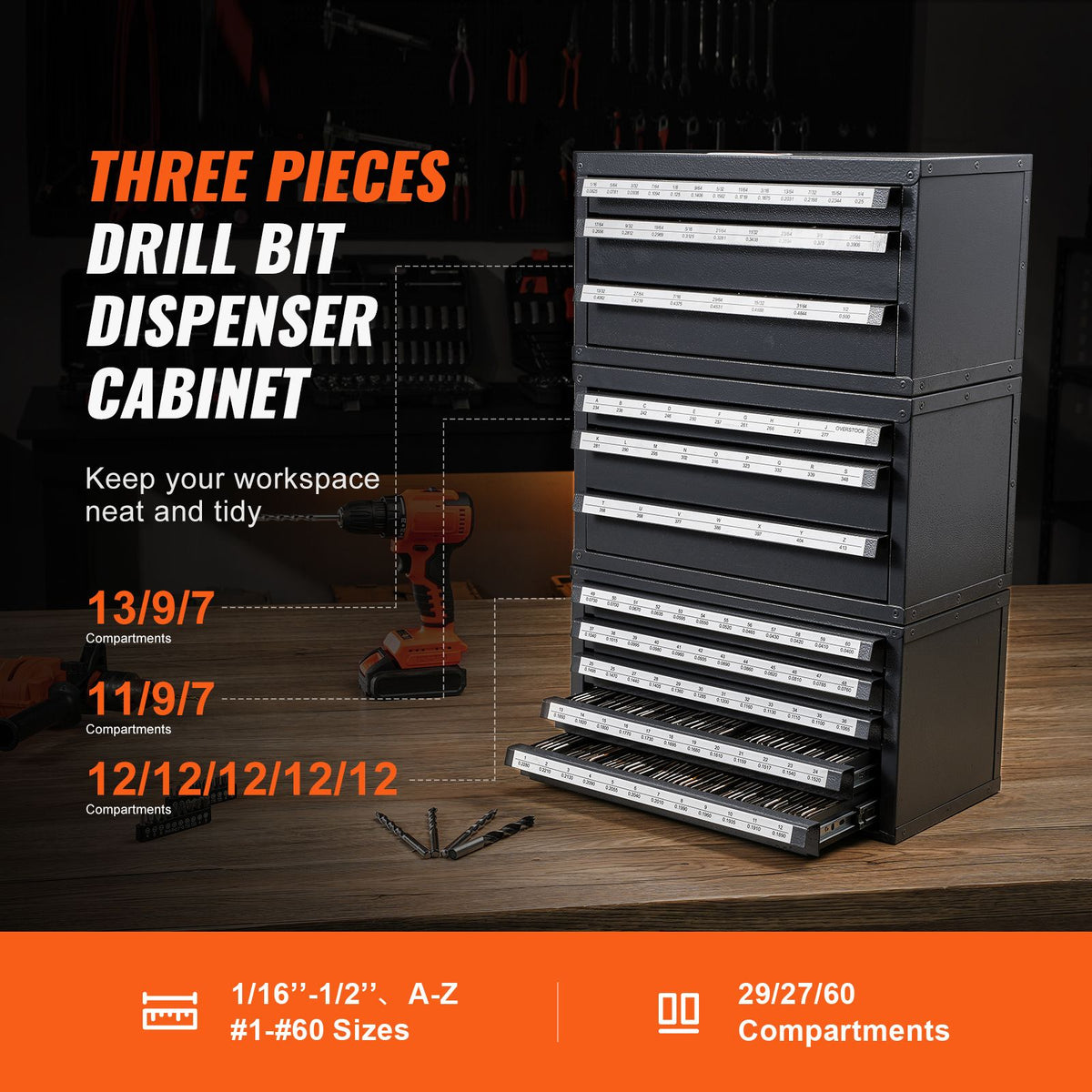 Drill Bit Dispenser Cabinet, 3 Pieces Three-Drawer for 1/16" to 1/2" & Letter Sizes A to Z, Five-Drawer Drill Bit Organizer for Wire Gauge Sizes #1 to #60, Stackable for Drill Bit Storage