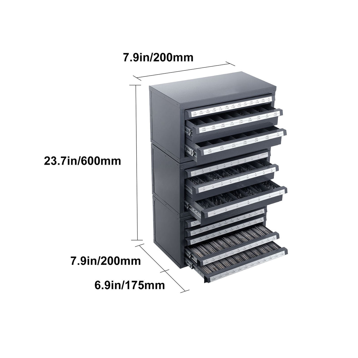 Drill Bit Dispenser Cabinet, 3 Pieces Three-Drawer for 1/16" to 1/2" & Letter Sizes A to Z, Five-Drawer Drill Bit Organizer for Wire Gauge Sizes #1 to #60, Stackable for Drill Bit Storage