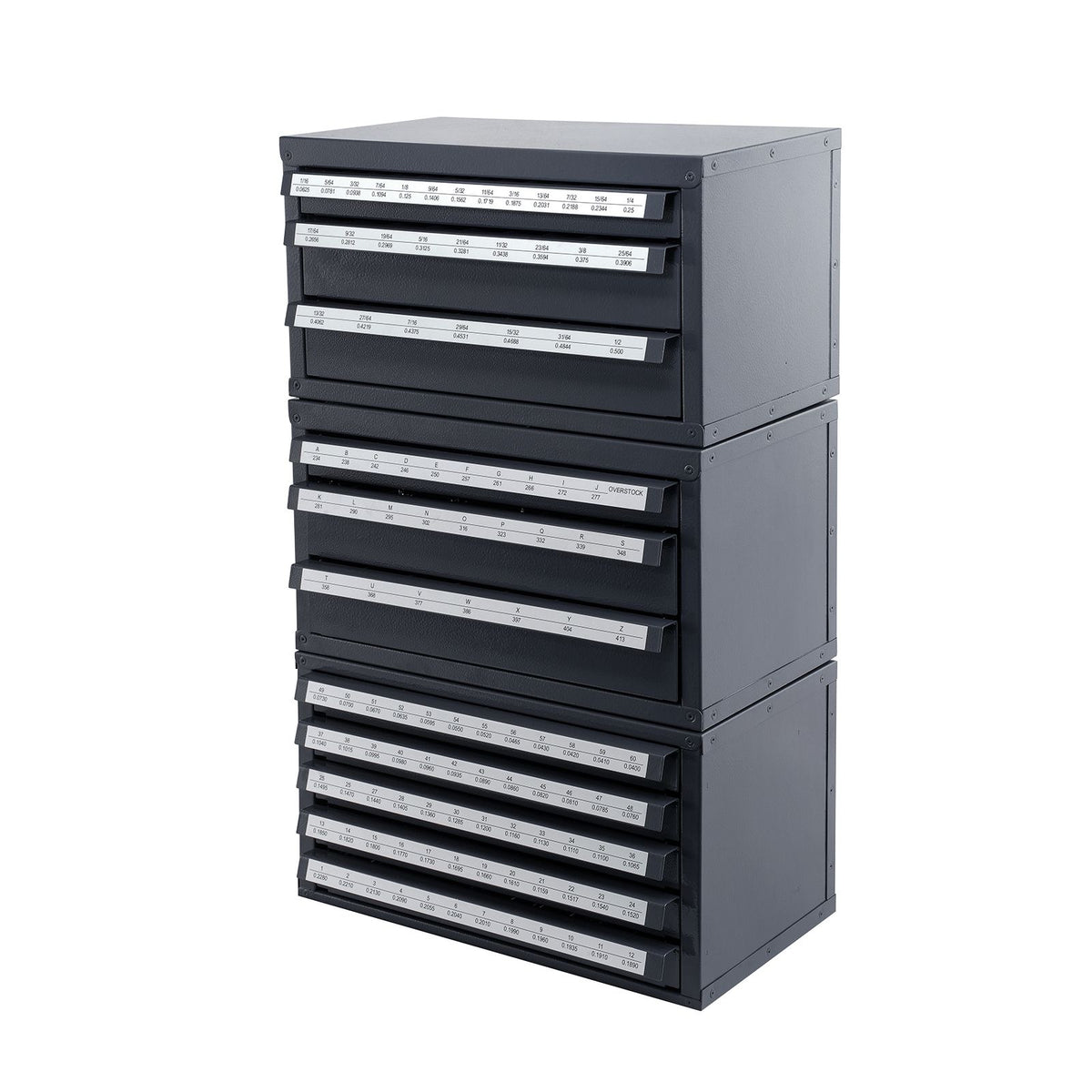 Drill Bit Dispenser Cabinet, 3 Pieces Three-Drawer for 1/16" to 1/2" & Letter Sizes A to Z, Five-Drawer Drill Bit Organizer for Wire Gauge Sizes #1 to #60, Stackable for Drill Bit Storage