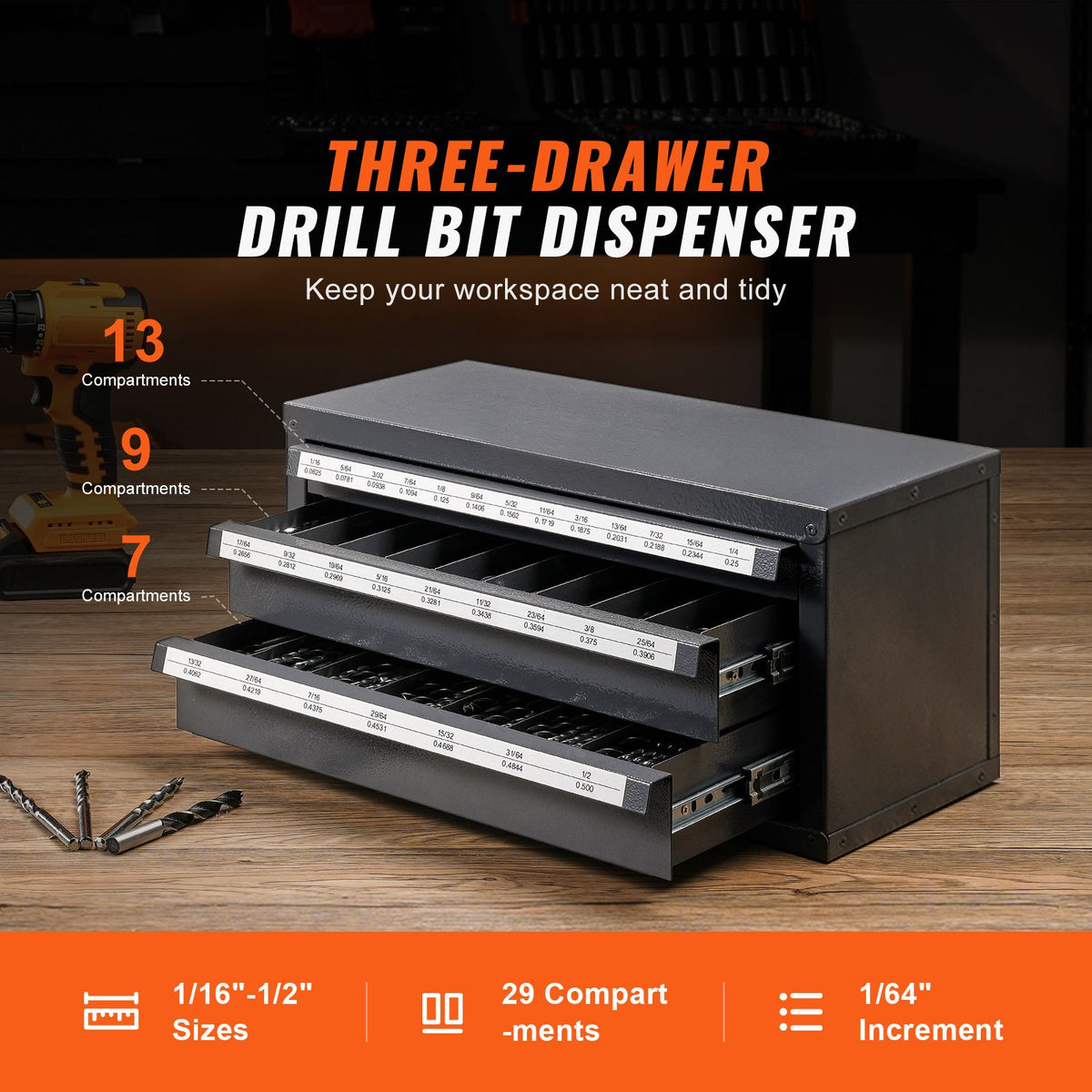 Drill Bit Dispenser Cabinet, Three-Drawer Drill Bit Organizer Cabinet for 1/16" to 1/2", Steel Drill Dispenser Organizer Cabinet with Labels, Stackable Drill Dispenser for Drill Bit Storage