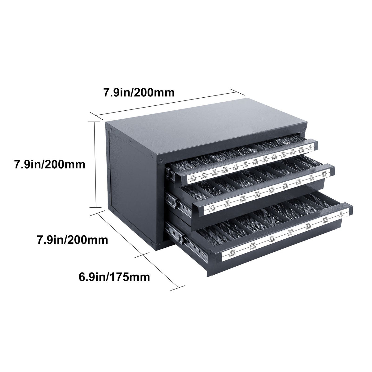 Drill Bit Dispenser Cabinet, Three-Drawer Drill Bit Organizer Cabinet for 1/16" to 1/2", Steel Drill Dispenser Organizer Cabinet with Labels, Stackable Drill Dispenser for Drill Bit Storage