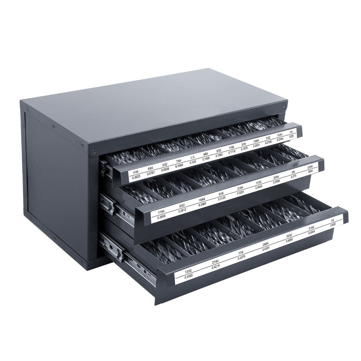Drill Bit Dispenser Cabinet, Three-Drawer Drill Bit Organizer Cabinet for 1/16" to 1/2", Steel Drill Dispenser Organizer Cabinet with Labels, Stackable Drill Dispenser for Drill Bit Storage