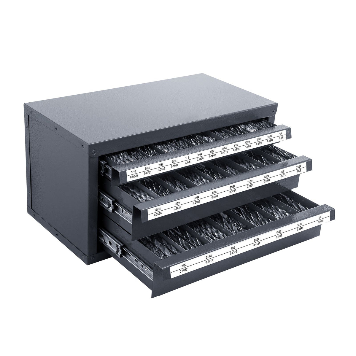 Drill Bit Dispenser Cabinet, Three-Drawer Drill Bit Organizer Cabinet for 1/16" to 1/2", Steel Drill Dispenser Organizer Cabinet with Labels, Stackable Drill Dispenser for Drill Bit Storage