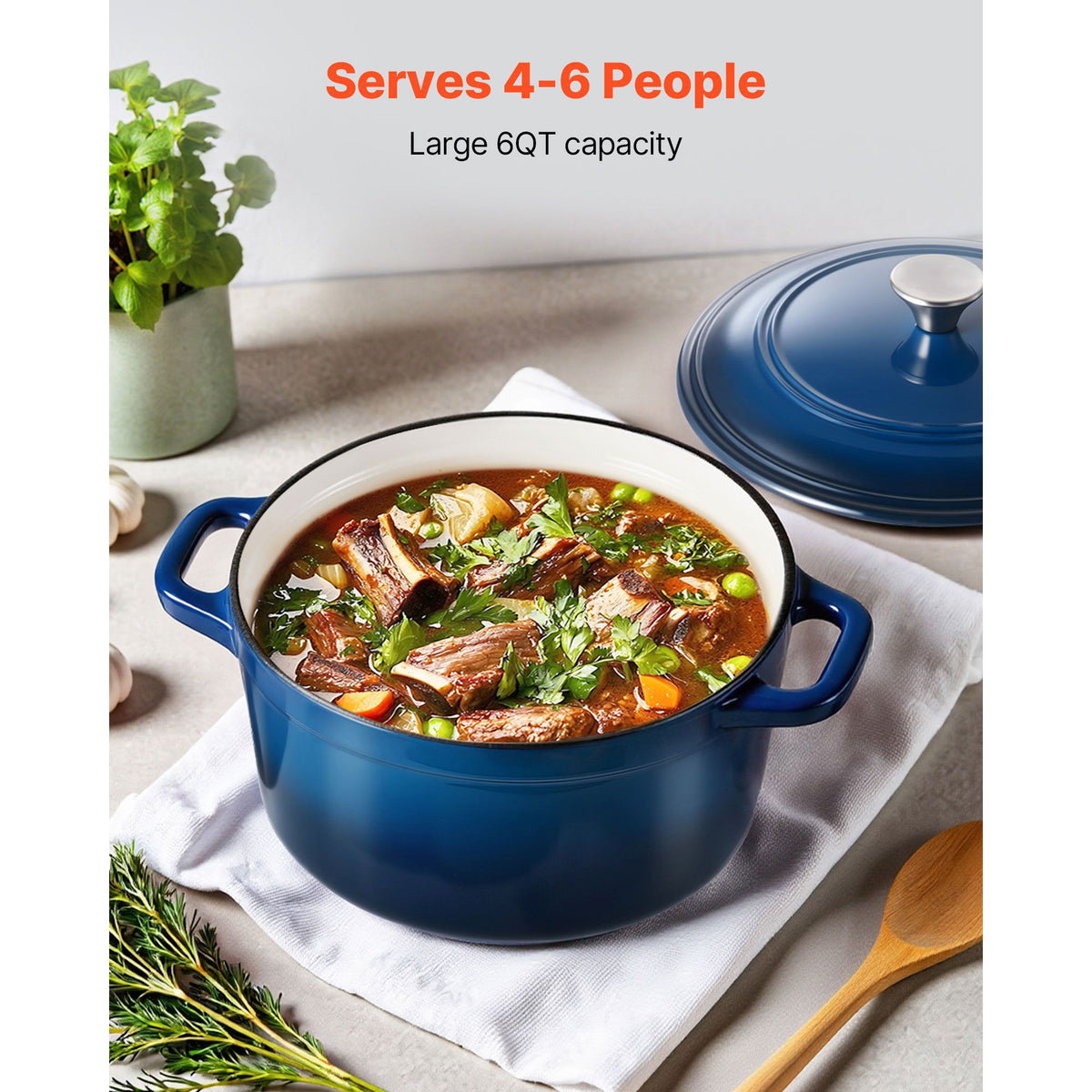 Enameled Cast Iron Dutch Oven, 5.7L Pot with Lid and Dual Handles, Heavy-Duty Durable Cookware Pan, Oven Induction Compatible up to 260 ℃, for Braising, Stews, Roasting, Bread Baking, Blue