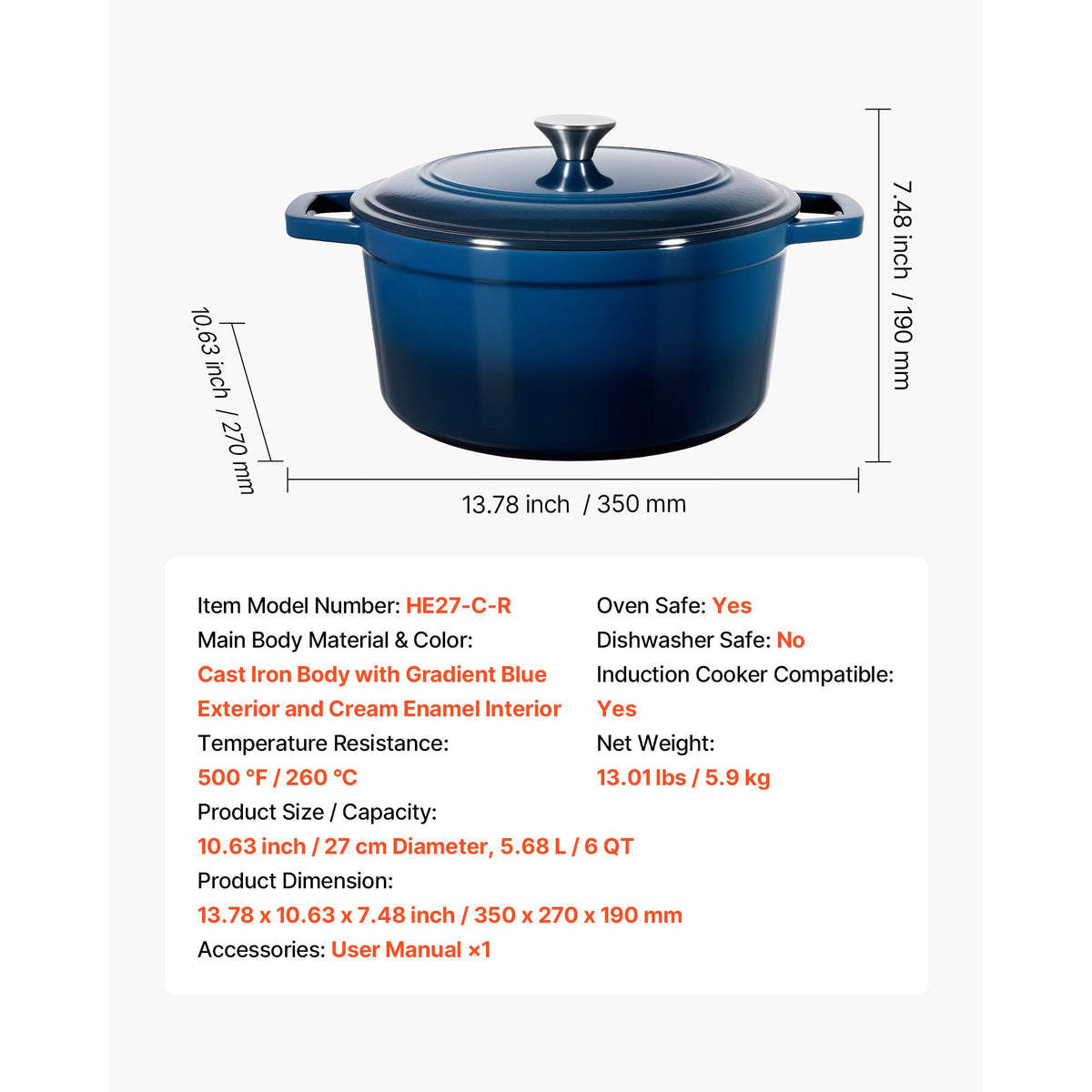 Enameled Cast Iron Dutch Oven, 5.7L Pot with Lid and Dual Handles, Heavy-Duty Durable Cookware Pan, Oven Induction Compatible up to 260 ℃, for Braising, Stews, Roasting, Bread Baking, Blue