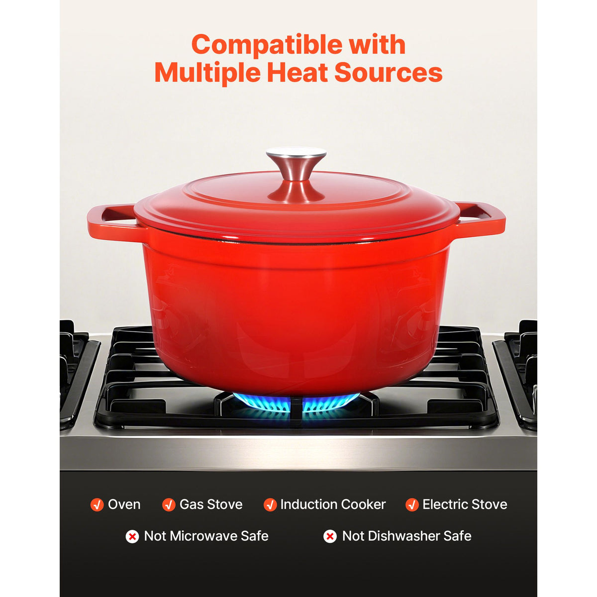 Enameled Cast Iron Dutch Oven, 5.7L Pot with Lid and Dual Handles, Heavy-Duty Durable Cookware Pan, Oven Induction Compatible up to 260 ℃, for Braising, Stews, Roasting, Bread Baking, Red